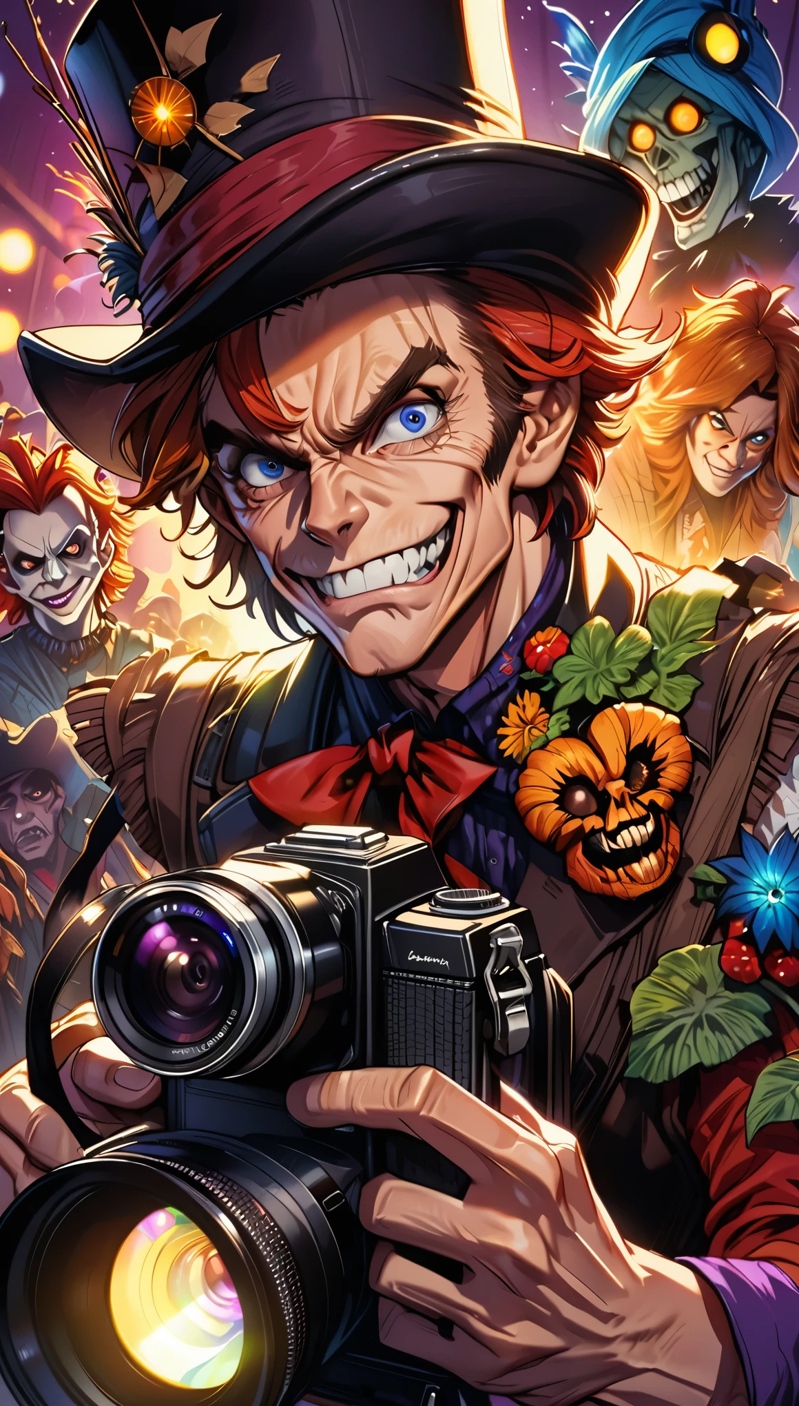 Close-up of a man wearing a top hat, john picacio and brom, Willem Dafoe as Scarecrow, best behavior, GoingInsane, Josan Gonzalez and Taylor Edlin, by Jack Davis,, role conception, ember, bright and bold colors, macro lens, dark fantasy, Go punk, ish, SLR camera, Bokeh, American Horror Story, redneck
