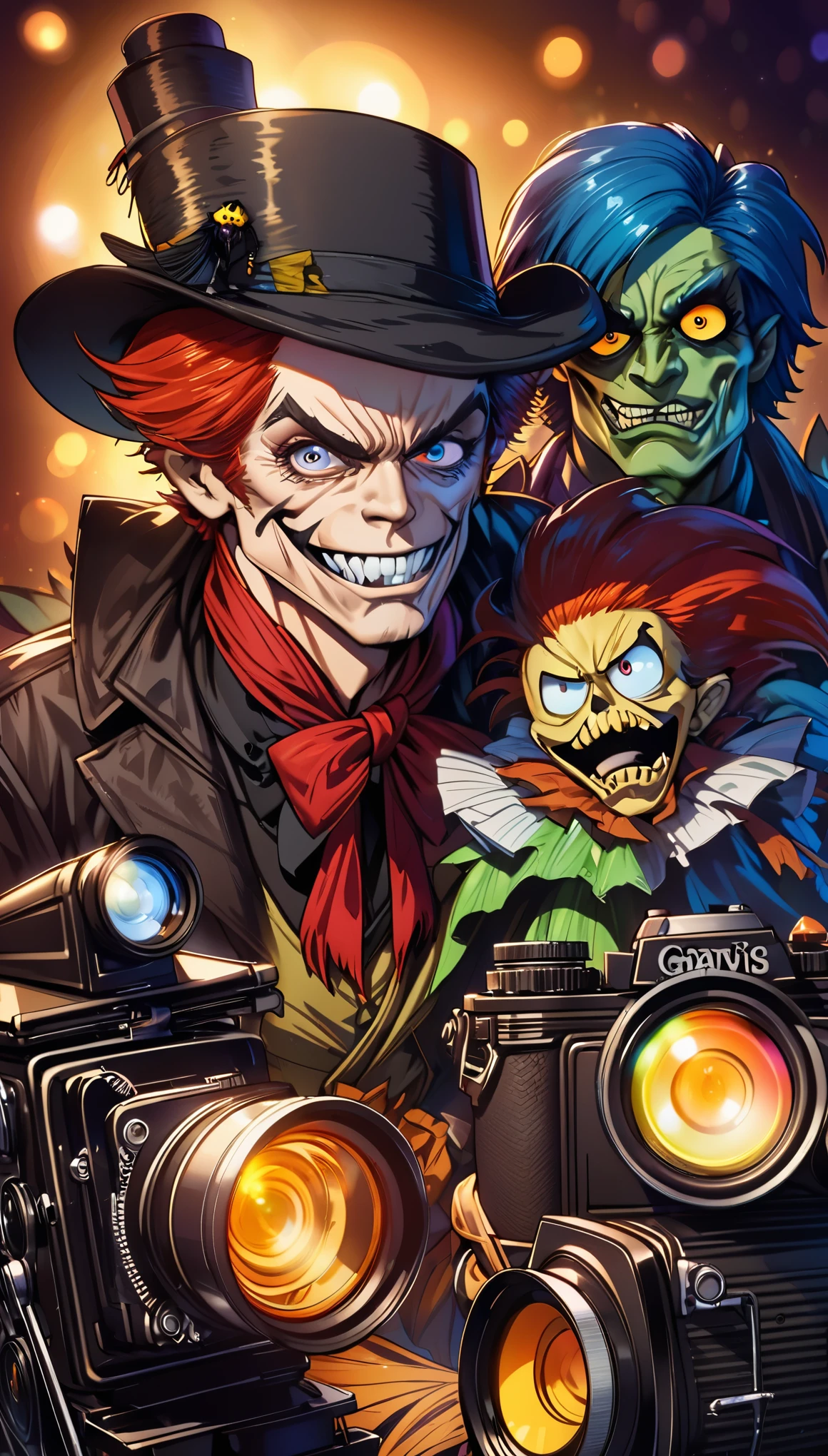 Close-up of a man wearing a top hat, john picacio and brom, Willem Dafoe as Scarecrow, best behavior, GoingInsane, Josan Gonzalez and Taylor Edlin, by Jack Davis,, role conception, ember, bright and bold colors, macro lens, dark fantasy, Go punk, ish, SLR camera, Bokeh, American Horror Story, redneck