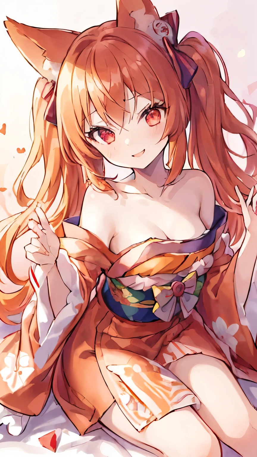 (very close up:1.3),(selfie:1.2),(one girl:1.5)、Standing picture,young,fluttering hair、laughter、masterpiece、best image quality、smile、(pastel orange hair:1.3),(red eyes:1.3),(red kimono pattern:1.3)、(fox ears:1.1),length-sleeve、Moe sleeve,valley,exposed,(disheveled clothes:1.5),exposing one's chest