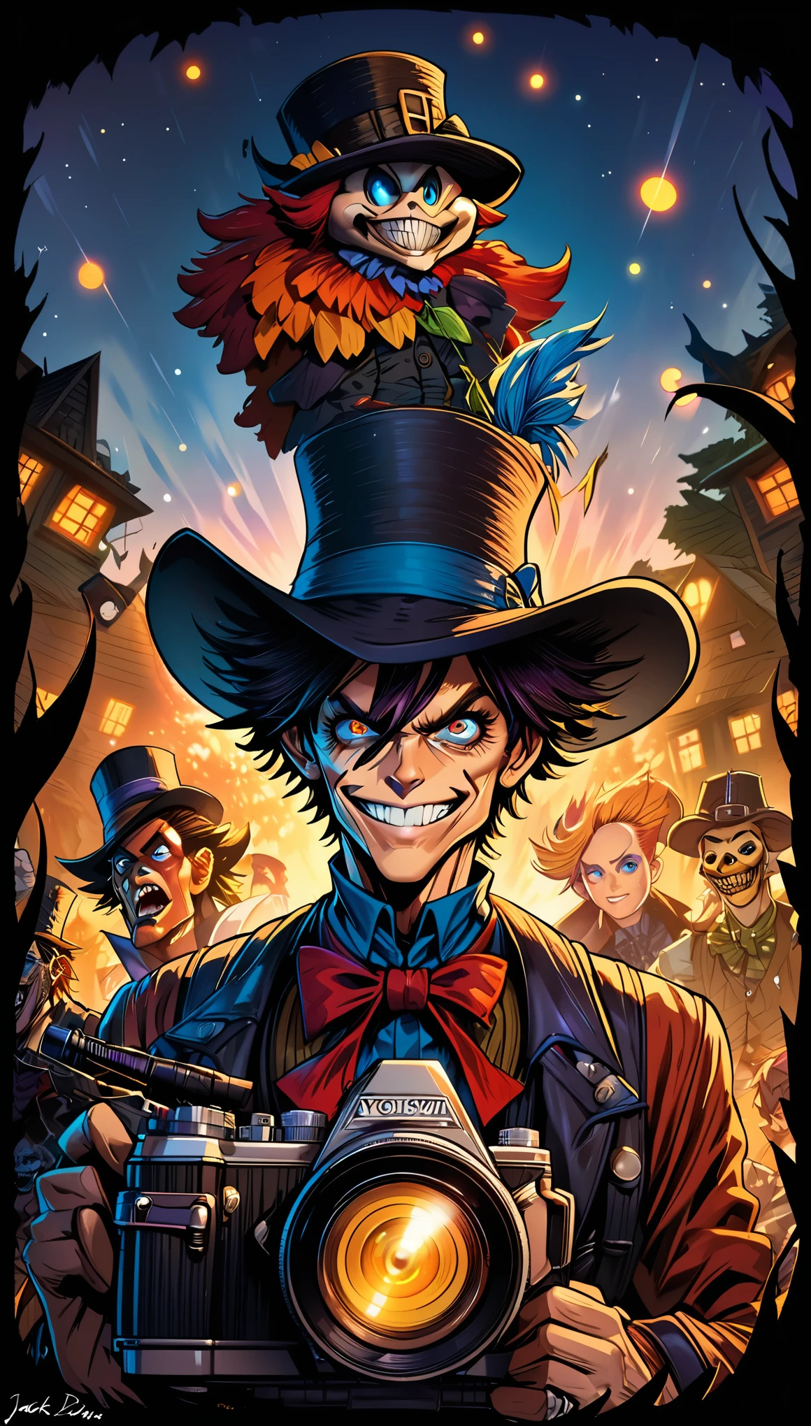 Close-up of a man wearing a top hat, john picacio and brom, Willem Dafoe as Scarecrow, best behavior, GoingInsane, Josan Gonzalez and Taylor Edlin, by Jack Davis,, role conception, ember, bright and bold colors, macro lens, dark fantasy, Go punk, ish, SLR camera, Bokeh, American Horror Story, redneck
