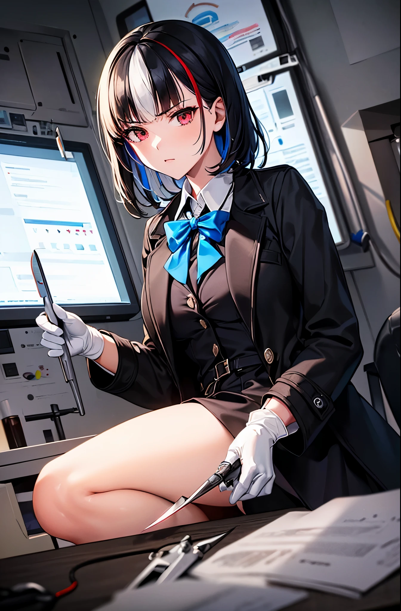 (Super beautiful CG, top quality), (medium breasts, serious face), (masterpiece: 1.8), ((super quality)), ((super fine illustration)), ((stunning CG)),

20 year old female, solo, medium hair
, (asymmetrical bangs:1.2)
, (black hair,white streaked hair:1.2)

, BREAK (red eyes), (black coat: 1.4), (stand collar coat: 1.2), white dress shirt, gloves, white gloves, (blue bow tie: 1.2), ( (Operating room with ominous air)), Operating table, (Holding:1.2), ((Surgical scalpel:)), ((Holding scalpel in hand)), Looking at the viewer, Focus on the woman,