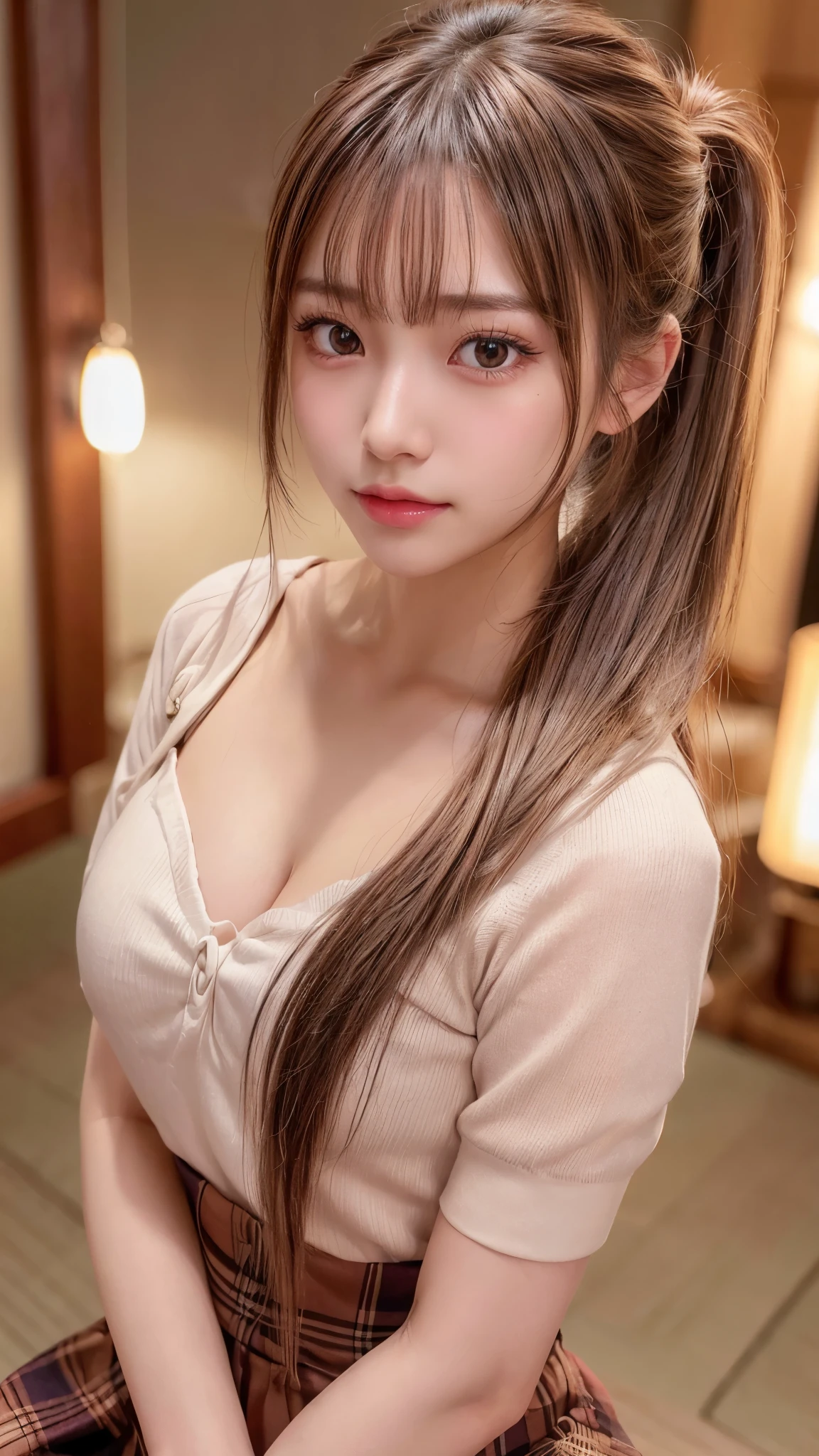 blush,,small breasts,autumn,european cityscape,long hair ponytail,autumnの服装,plaid clothes,long skirt,close up of face,((8k, RAW photo, highest quality, pieces fly:1.2), (reality, realistic:1.4), (Highly detailed 8k wallpaper), written boundary depth, cinematic lighting, soft light, Details beauty eye,Shiny and smooth light brown ponytail, asymmetrical bangs, shiny skin, super dense skin ,High resolution, high detail, detailed hairstyle, detailed beauty face, hyper real, perfect limbs, perfect anatomy ,1 Japanese girl,famous japanese idol, perfect female body,shy smile,short eyelashes,double eyelid,look straight here,Hair style is ponytail,