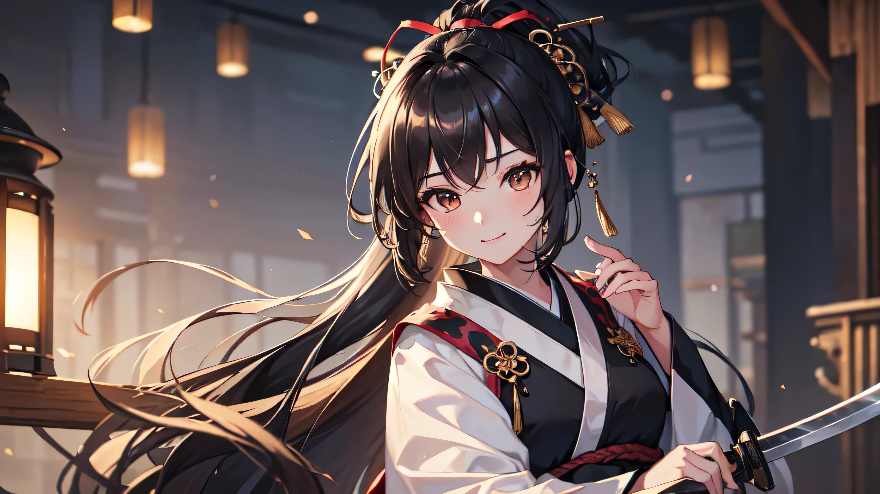 highest quality), (masterpiece), (High resolution), (masterpiece)、clear image, highly detailed face, 、1 female，(kimono)、(very long hair,,smile、girl, long gray hair, high ponytail, brown eyes, Hanfu, sword, masterpiece, fine black hair, long eyelashes, solid circle eye, cast a shadow, atmospheric perspective, 8k, masterpiece, Super detailed, Accurate, highest quality, Hmm, retina, advanced details