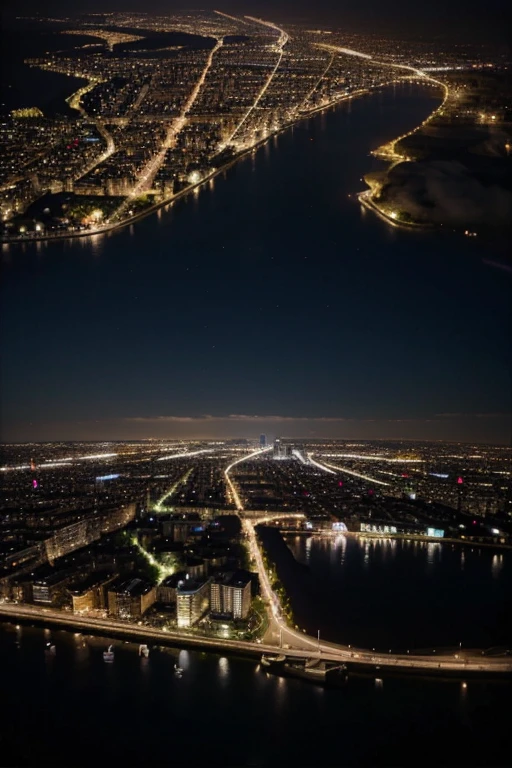 An aerial view of a night city, avec une ambiance paisible et mélancolique.
