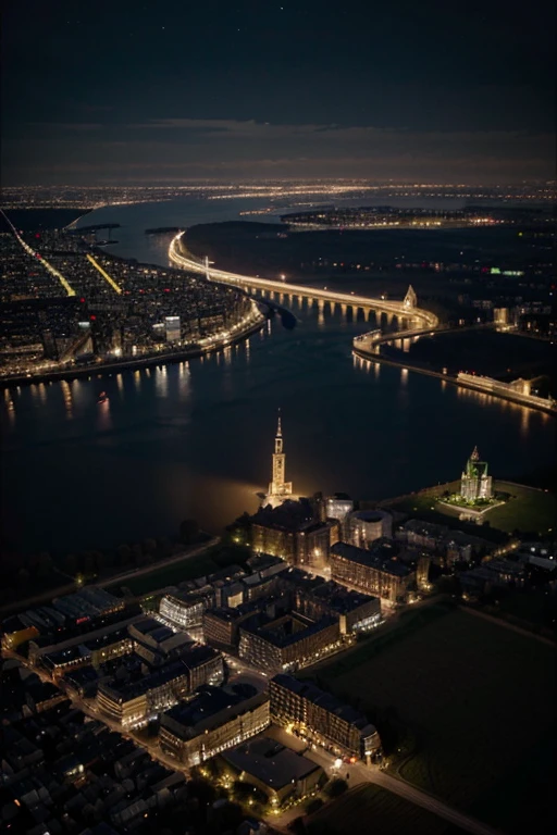 An aerial view of a night city, avec une ambiance paisible et mélancolique.