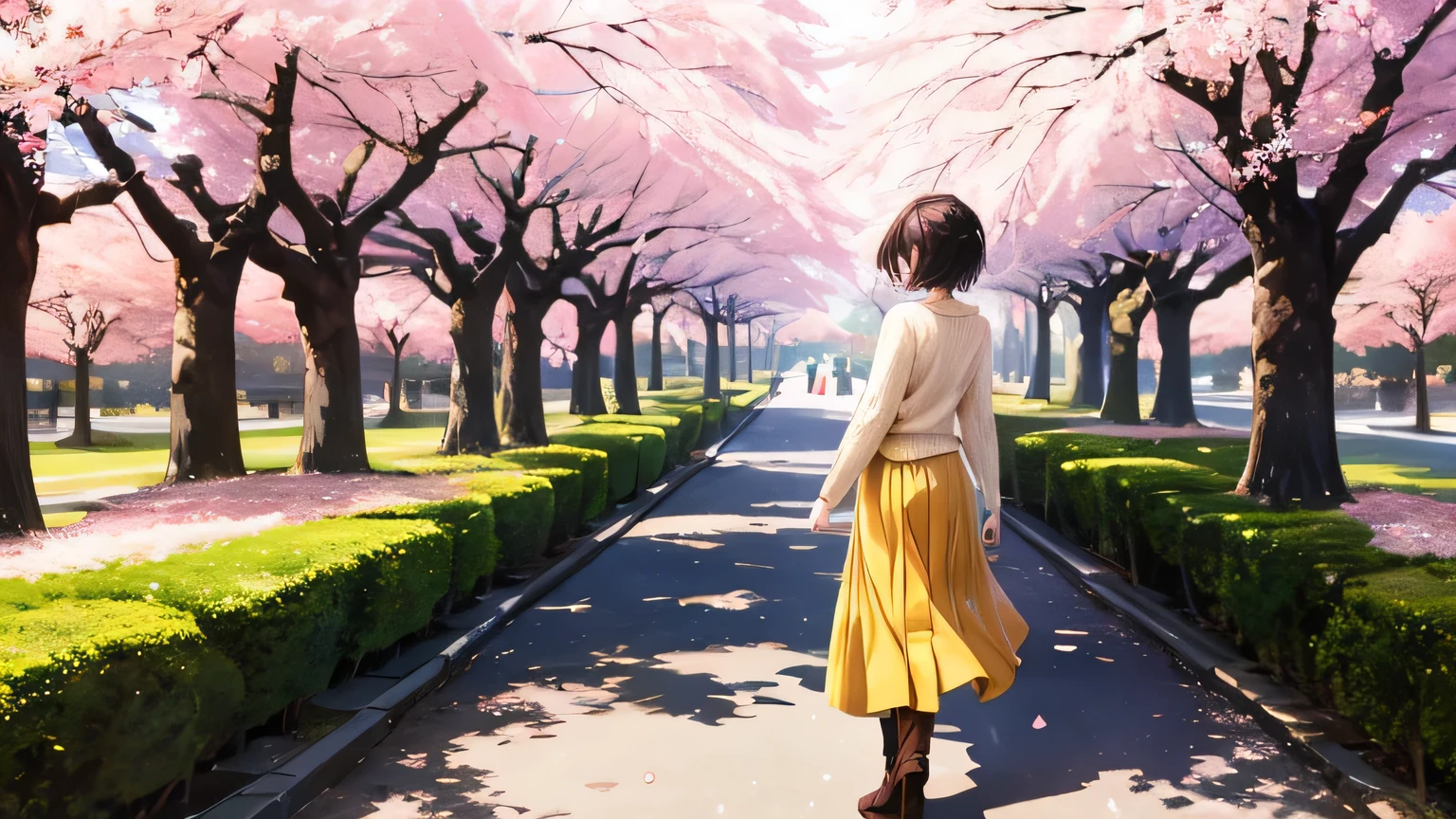 1 female、28 years old、beautiful hair, shortcut、Rear view、can'I can't see your face、yellow knit sweater、red long skirt、brown boots、Walk through a park lined with cherry blossom trees