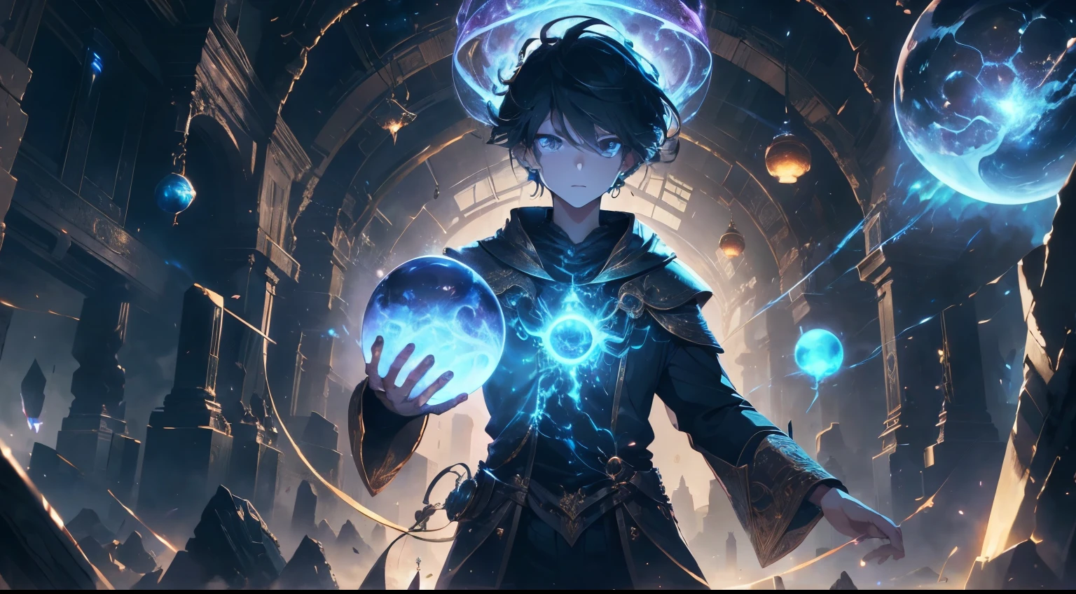 The boy, with wide-eyed astonishment, reached out and grasped the glimmering orb of aether as a dimensional rift unexpectedly appeared before him. The orb, emitting an ethereal light, seemed to pulsate with intriguing energy. Intricate light particles swirled around the rift, illuminating the boy's young, exquisitely featured face. His three-dimensional facial features were perfectly captured, each detail meticulously rendered in this high resolution, detail-rich scene.
As he held the orb, his slim, slender body was enveloped in the rift's surreal, brightly colored light. His clothes seemed to melt into the air