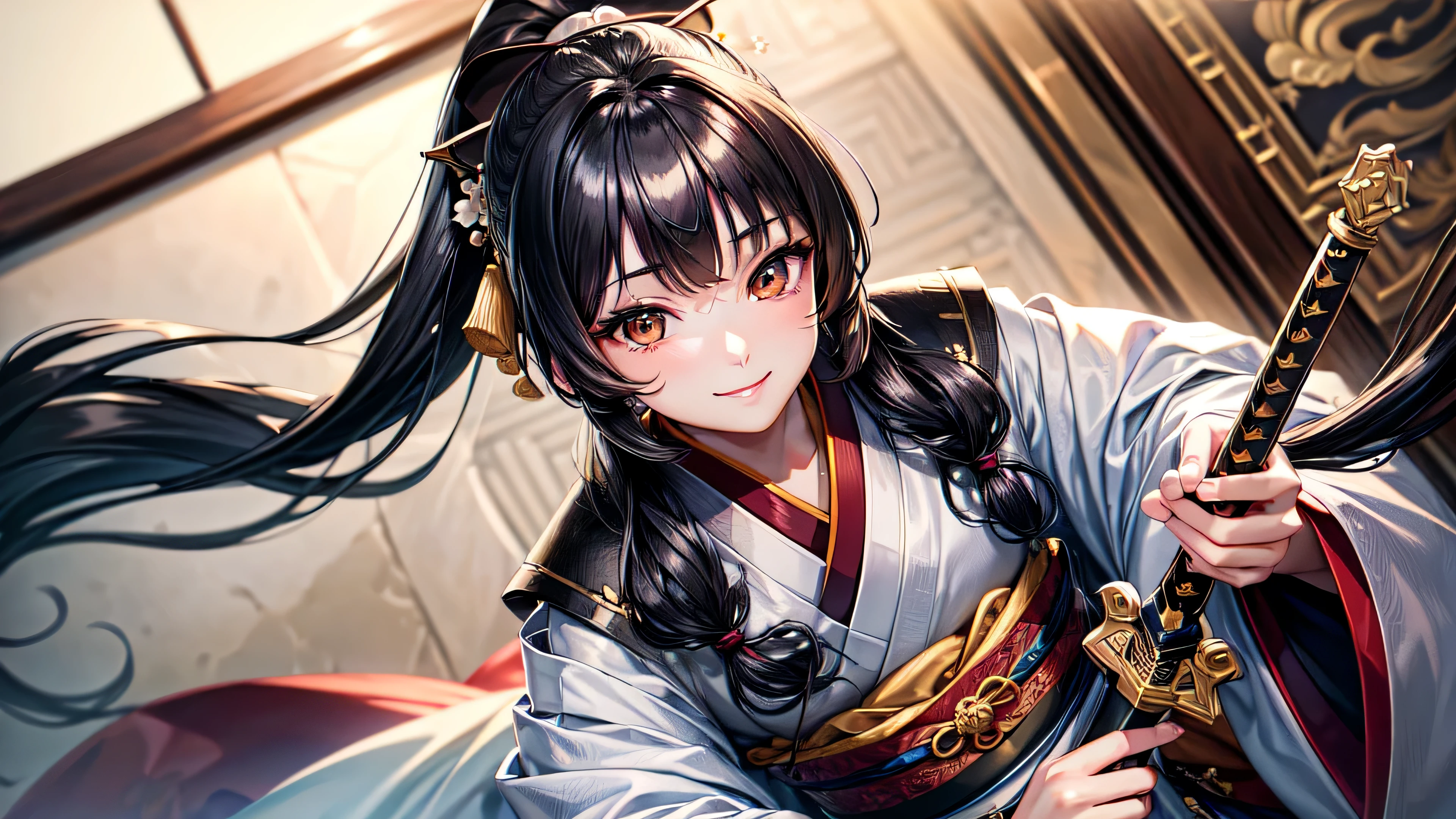 highest quality), (masterpiece), (High resolution), (masterpiece)、clear image, highly detailed face, 、1 female，(kimono)、(very long hair,,smile、girl, long gray hair, high ponytail, brown eyes, Hanfu, sword, masterpiece, fine black hair, long eyelashes, solid circle eye, cast a shadow, atmospheric perspective, 8k, masterpiece, Super detailed, Accurate, highest quality, Hmm, retina, advanced details
