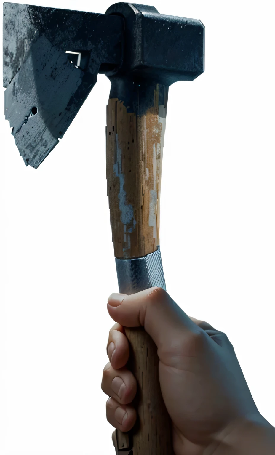 (A man holds a large hammer with a wooden handle, Created using Photoshop, Ultimate detail resolution, Extremely detailed photo quality, ax in hand, Zoom out to show entire image, holding an ax, Ultra-high pixel details, 8k details, close-up, 4K detail post-processing, unexpected glitch art, realistic details.)
