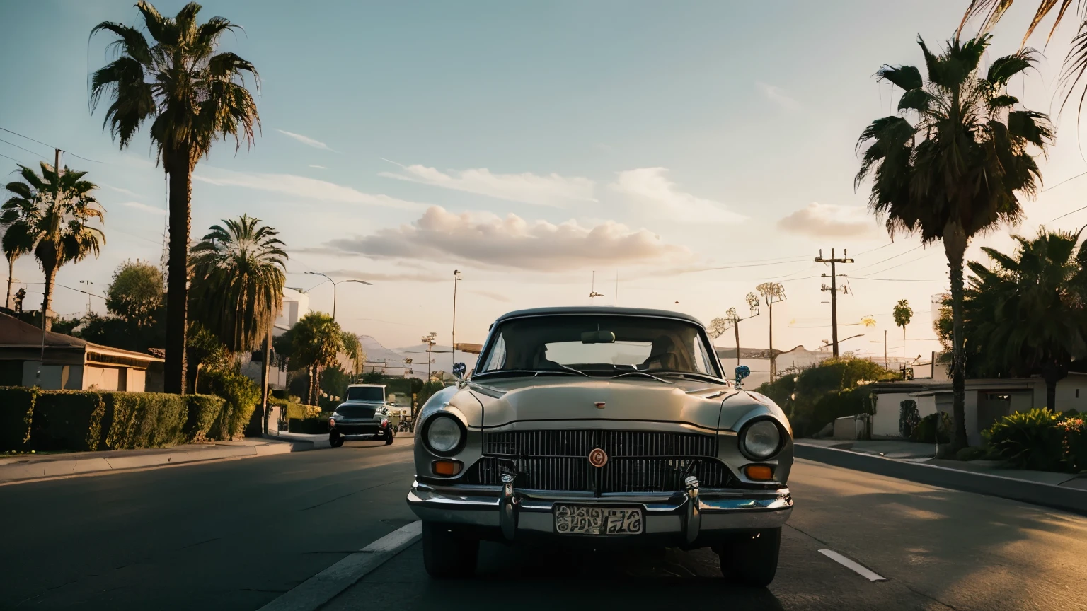((best quality)), ((masterpiece)), (detailed), a vintage car driving in Los Angeles in sunset on a road with palms
