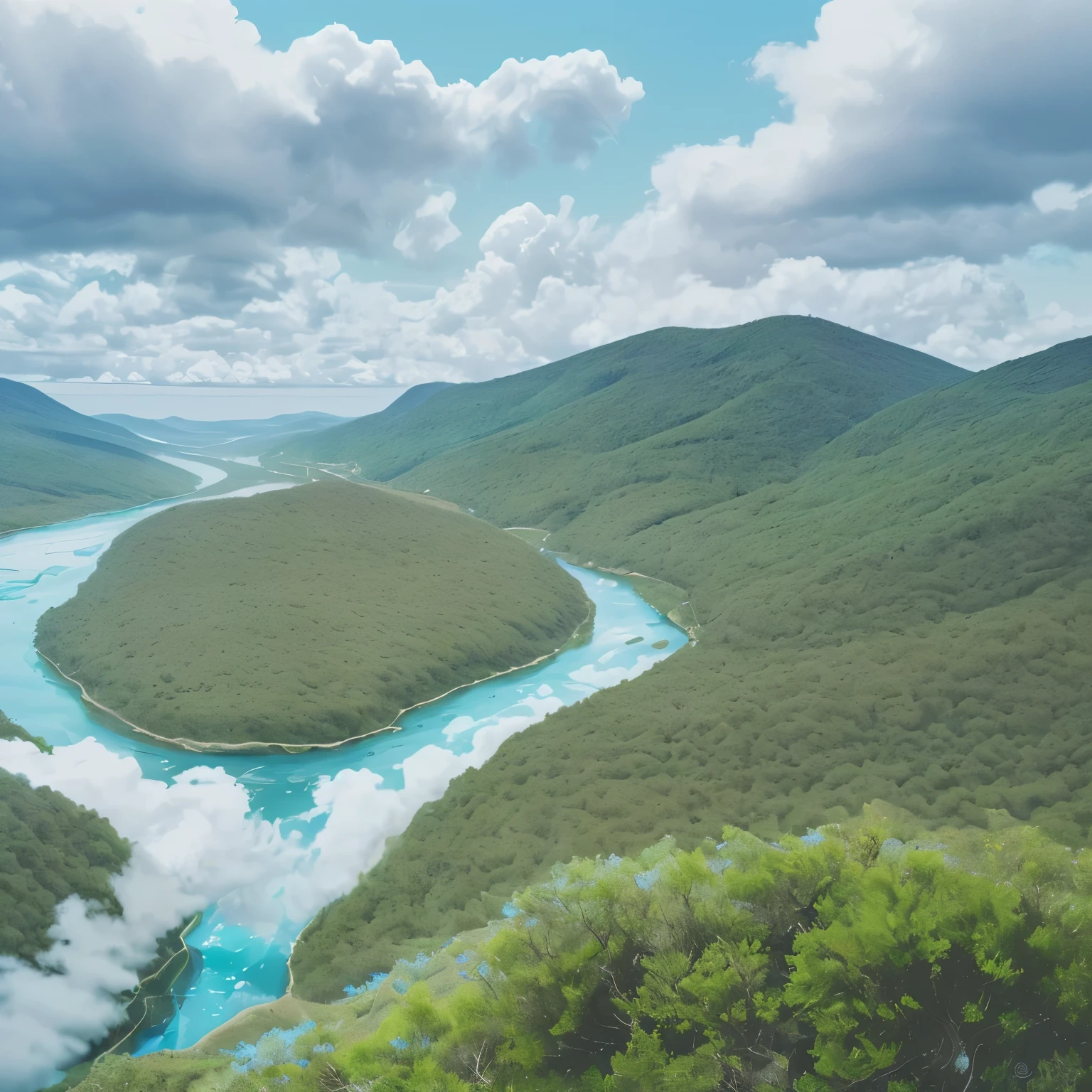 first heaven, where there are many clouds floating from one side to the other, and a beautiful landscape with rivers, their waters are light blue in color, there are many green trees, s muitas flores. The view in the image is from the top of a mountain, onde se observa os vales