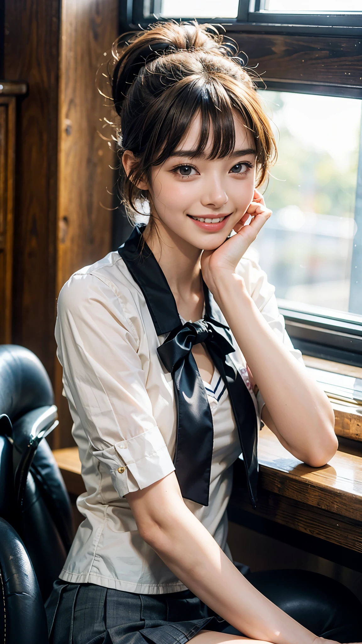 highest quality, masterpiece, ultra high resolution, (realistic:1.4), 20-year-old,1 girl,Super high quality,8k,thinウエスト,thin脚,thin and beautiful arms,beautiful fingers,Sare-eye makeup,thin,Medium chest,soft chest,(((High school bicycle storage))),high school uniform,Blazer uniform and ribbon miniskirt,Meeting after school,((Ponytail and Hair Tie)),((Bangs short hair)),realistic,picture media chest)),((toothy smile)),((big smile))