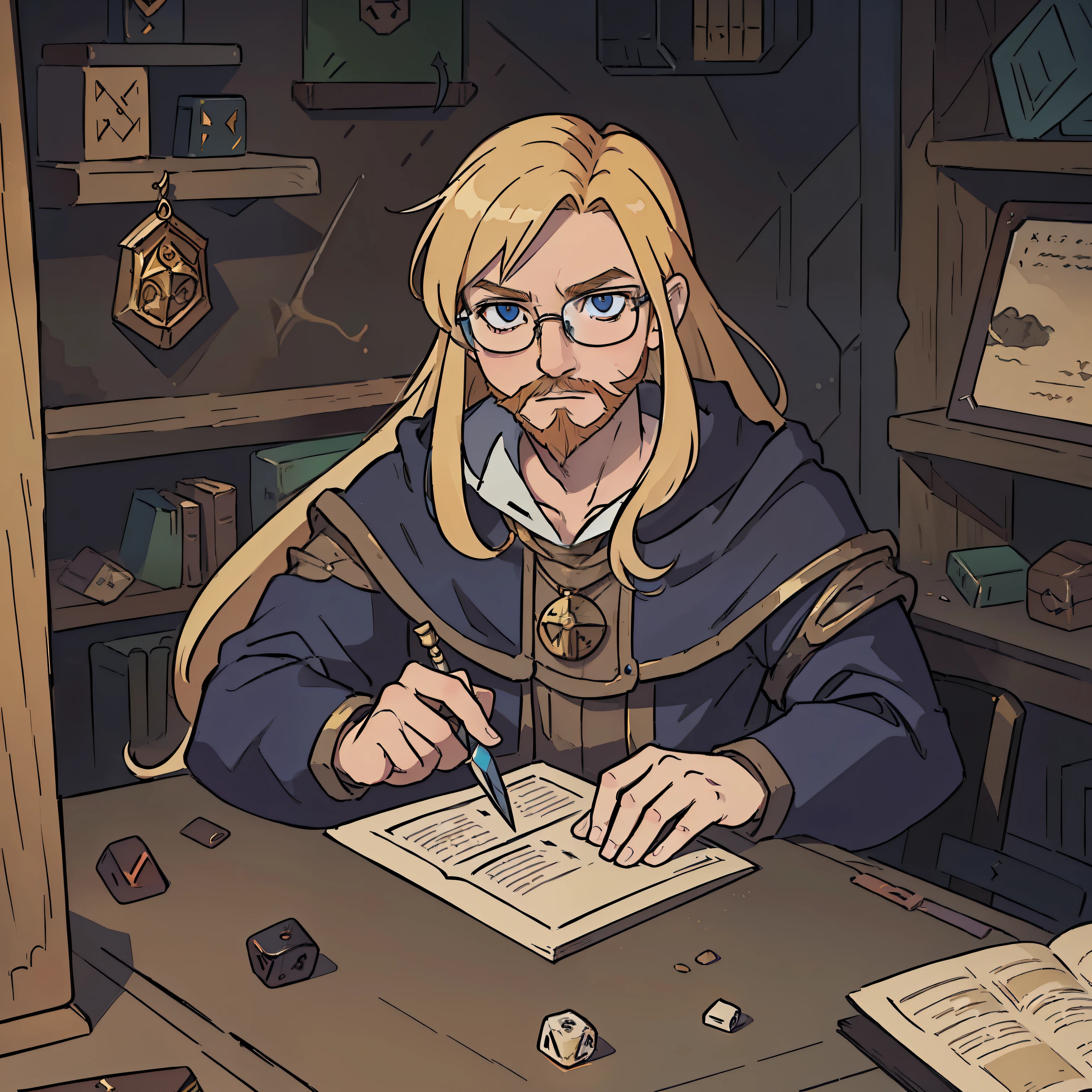 (((obra de arte))), (((melhor qualidade))), illustration, Single Character, personagem do jogo, personagem de RPG, male blond dungeon master with long beard and glasses, RPG de mesa, d&d, d20, mestre da masmorra rolando dados sobre uma mesa, jogo de mesa, mestre da masmorra do mal, glasses reflex, humor noturno, personagem de anime, 8K, incredible quality