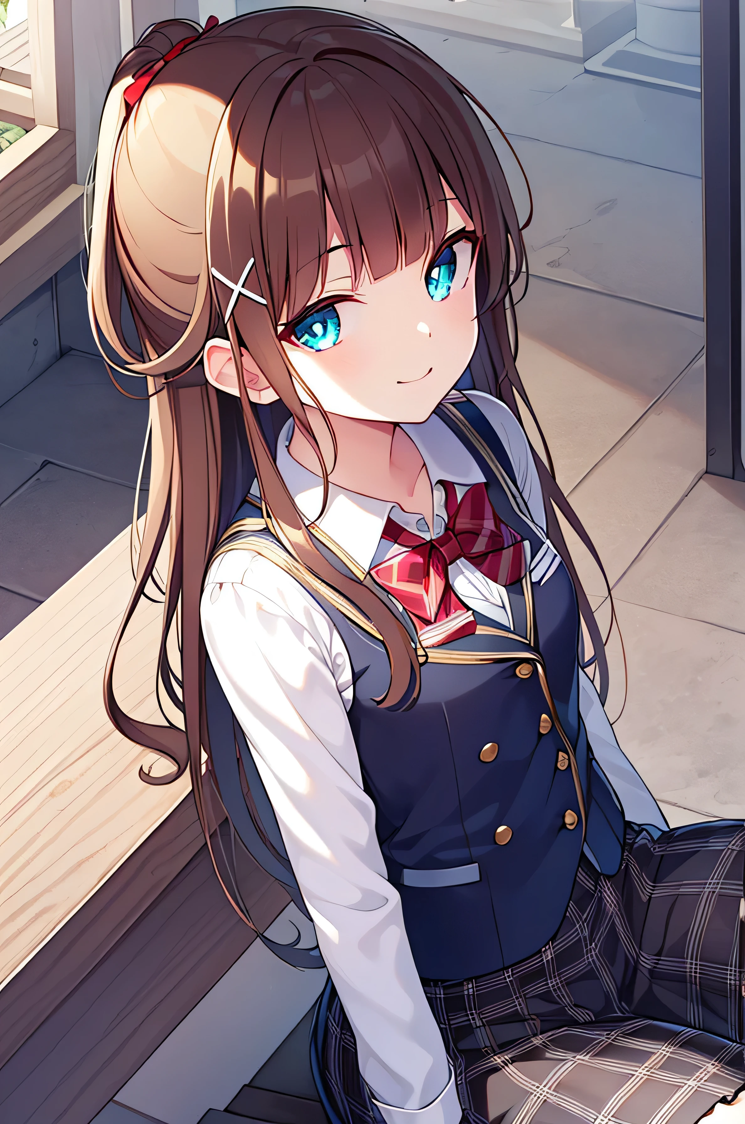 detectivelunch break, Smile, long hair, Bangs, blue eyes, shirt, hair accessories, long sleeves, skirt, bow, brown hair, hairpin, blunt Bangs, bowtie, red bow, x hair accessories, red bowtie, lunch break, (medium chest:1.2), rest looking at viewer, rest outside, rest (masterpiece:1.2), best quality, high resolution, unified 8k wallpaper, (illustration:0.8), (beautiful and delicate eyes:1.6), extremely detailed face, perfect lighting, Extremely detailed CG, (perfect hands, perfect anatomy),