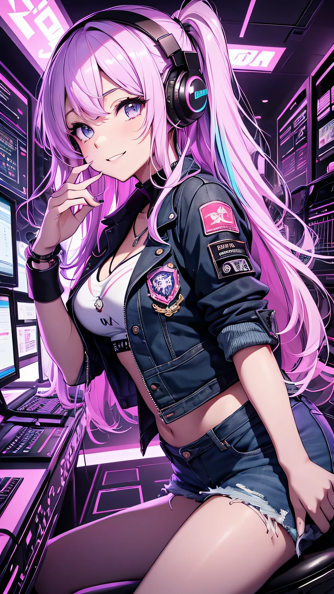 最high quality、best image quality、masterpiece、girl((20-year-old、 By becoming、vest bust、medium bust,wide open breast tea、shining eyes, neon hair、long hair、thin,highest valley、Damaged Denim Shorts、black navel shirt、Damaged Denim Jacket、smile、full body tattoo,diamond earrings、Wristband、necklace、I have headphones、leaning forward、elation、sing)),high quality、beautiful art、background((Hacker Room、server room、neon lighting、computer stand、Laptop))、Flight、debris flies、Depth of written boundary、movie、visual art、perfect art、8k,genuine、