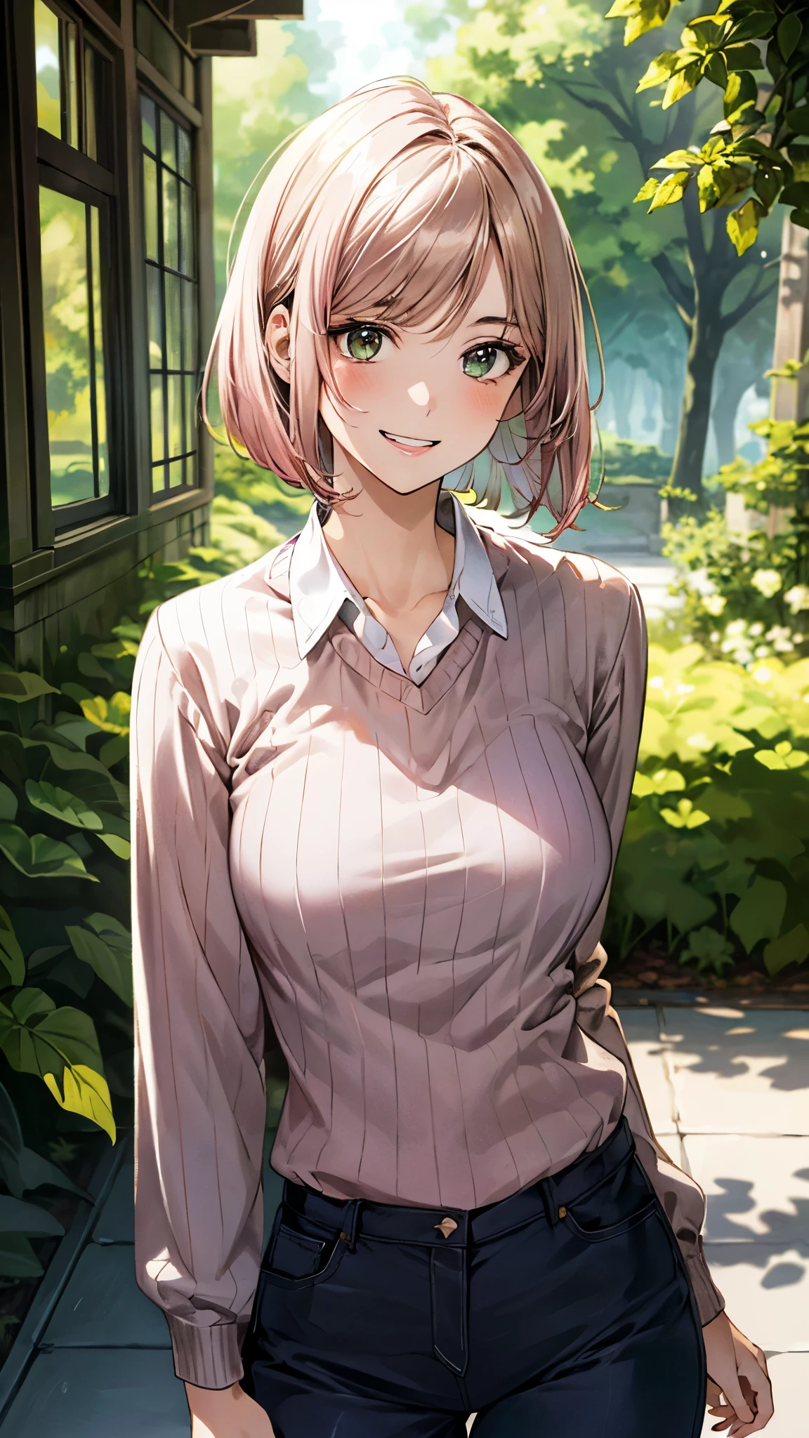 (masterpiece:1.3, top-quality), ultra high res, ultra detailed, (realistic, photorealistic:1.4), beautiful illustration, perfect lighting, colorful, depth of fields,
looking at viewer, 1 girl, solo, college school girl, (large breasts:0.8, large ass, seductive thighs, skindentation),
(short hair:1.5, bob cut:1.2, light pink hair), swept bangs, (chocolate-colored) eyes, big eyes, shiny skin, slender, (tiny),
beautiful hair, beautiful face, extremely detailed face, beautiful detailed eyes, beautiful clavicle, beautiful body, beautiful chest, beautiful thigh, beautiful legs, beautiful fingers,
(detailed cloth texture, (light brown) long sleeve v-neck sweater, collared chartreuse-green shirt, trousers),
(beautiful scenery), morning, (outside university), standing, (grin),