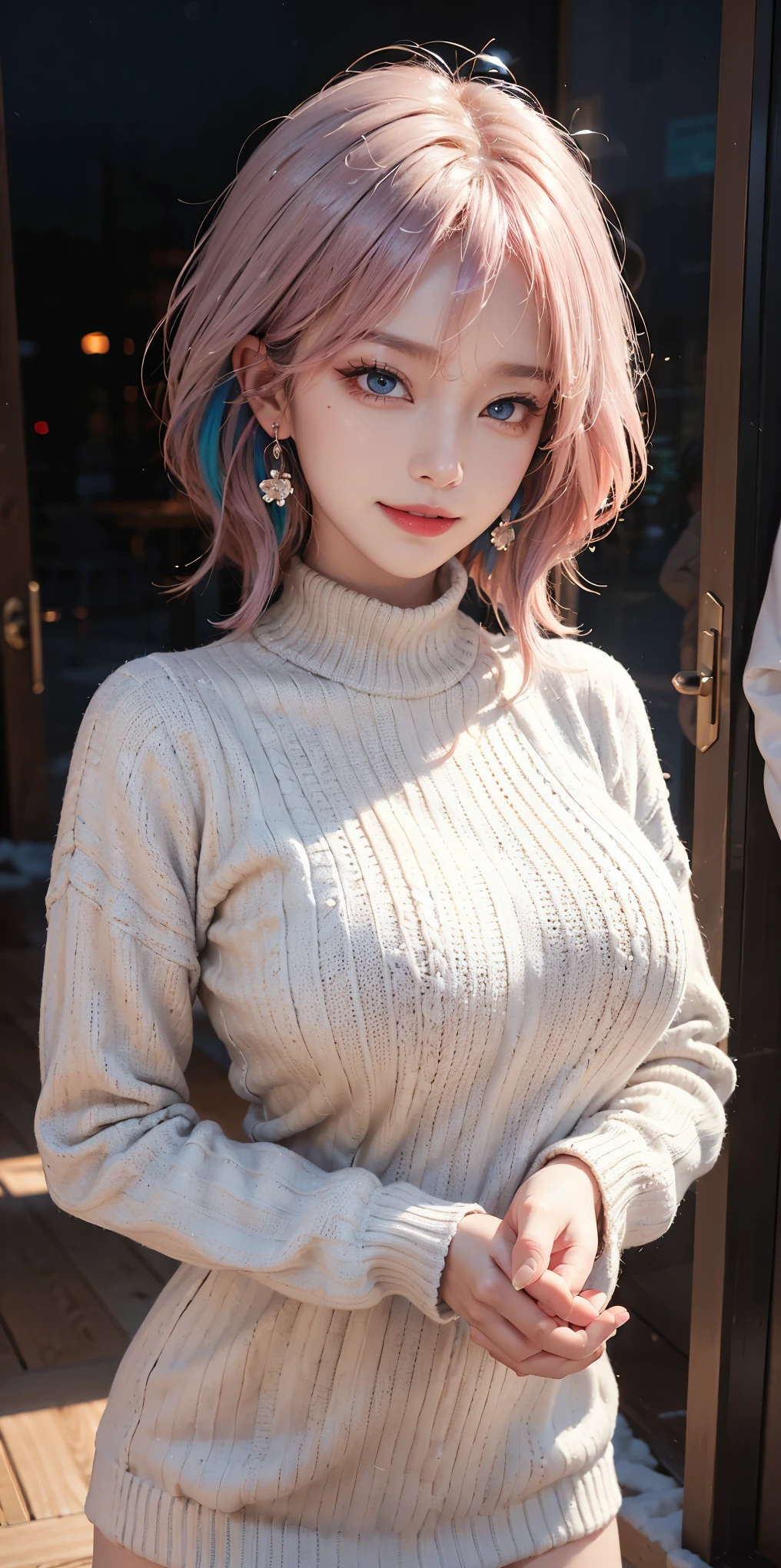 masterpiece, best quality, illustration, (dynamic lighting:1.2), cinematic lighting, reflection, delicate facial features, detailed eyes, ultra-detailed eyes, sharp pupils, pink pupils, realistic pupils, depth of field, bokeh, sharp focus, (hyper-detailed, bloom, glow:1.4), exceptional beauty, alluring face, cute look, multicolored hair, pink hair, shining hair, enchanting purple eyes, two-tone colored eyes, blue eyes, heterochromia, shiny, sparkle, sparkling, elegance, jewelry, ornaments, delicate features, 1girl, solo focus, medium full shot, cowboy shot, white skin, intense bright, absurdres, high-res, ultra-detailed, perfect breasts, hair ornaments, earrings, perfect arms, perfect hands, perfect fingers, detailed hands, detailed fingers, perfect body, perfect, embarrassing, blushing, smiling, angelic, expert shading, extreme light effects, intense bright, glare, sharp eyelash, red lips, dynamic pose, huge smile, perfect hands, perfect fingers, beautiful, accurate anatomy, perfect anatomy, sweater, wearing sweater, wool sweater, winter, winter clothes, fully dressed, discreet, high collar, long sleeves, armsleeves, perfect thighs, bare thighs