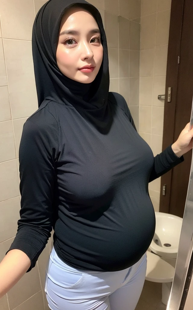 ((Best quality, 8k, bathroom, low pov, oversize shirt, Masterpiece :1.3)), 1girl, Pretty old mom with slender abs :1.3, (Medium-short hair, huge breasts, huge nipple, areola, curvy body, sweaty, naughty look :1.2), sweaty :1.1, Ultra-detailed face, Detailed eyes, Double eyelid, brown skin, pregnant, black hijab, tight hijab