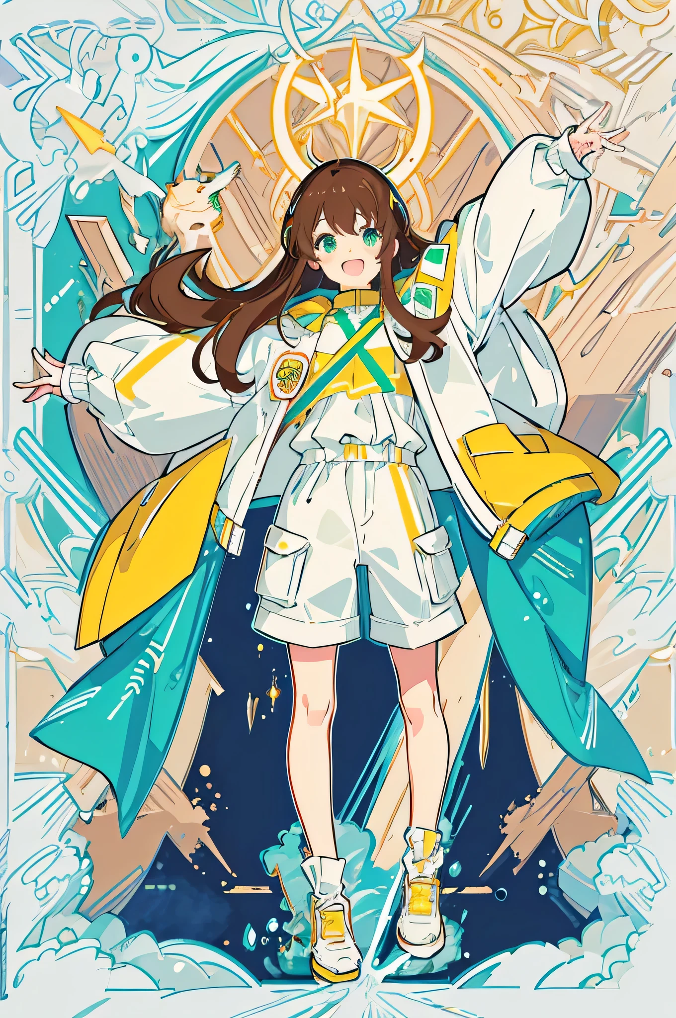 4K wallpaper、(highest quality)(flat color:0.9)、figure、(colorful background)、Super detailed、masterpiece、Neon Art、1 girl、smile、fine eyes、long hair、brown hair、beige clothes、open jacket、raise both arms、shorts、big breasts、leaning forward、white、yellow green