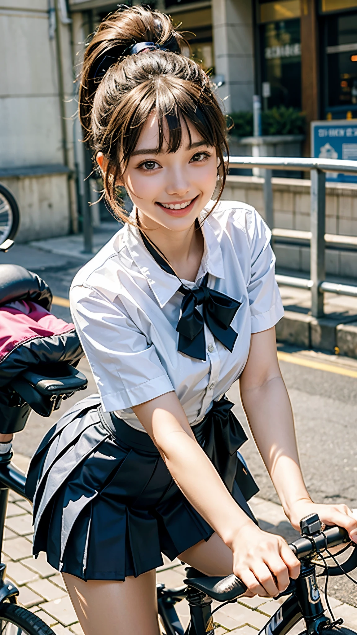 highest quality, masterpiece, ultra high resolution, (realistic:1.4), 20-year-old,1 girl,Super high quality,8k,thinウエスト,thin脚,thin and beautiful arms,beautiful fingers,Sare-eye makeup,thin,Medium chest,soft chest,(((High school bicycle storage))),many students and bicycles,high school uniform,Blazer uniform and ribbon miniskirt,Meeting after school,((Ponytail and Hair Tie)),((Bangs short hair)),realistic,picture media chest)),((toothy smile)),((big smile))