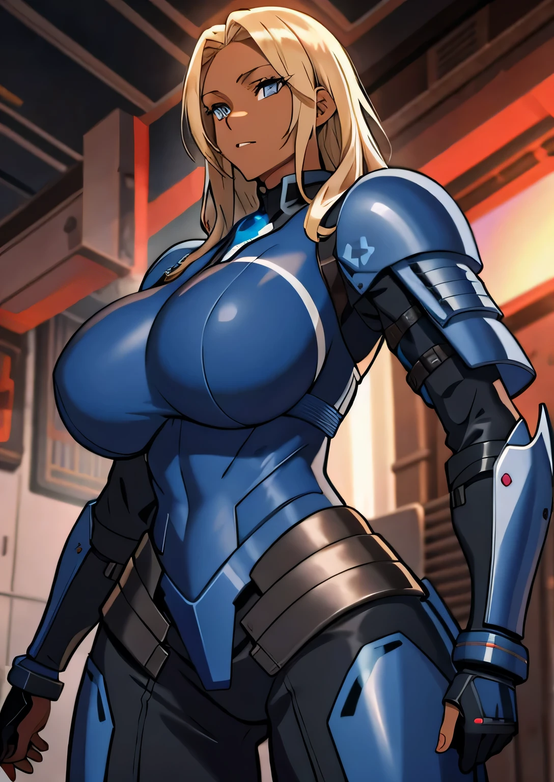 black sci-fi armor, long blonde hair, colored skin, brown skin, blue eyes, gigantic breasts, black pistol, solo, standing, upper body