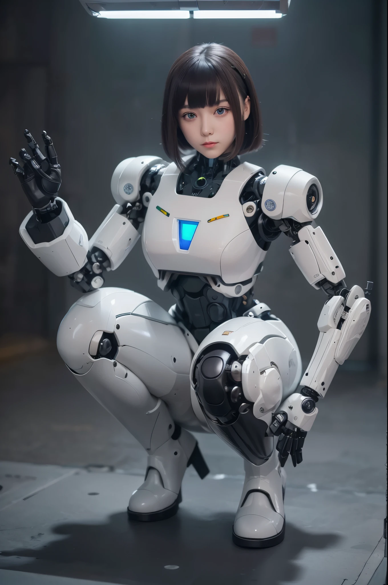 a girl with a full white cyborg body, featuring sleek and high-tech components. She has beautiful short black hair and bangs, blue eyes, and an angry expression. with her polished mechanical limbs and torso emphasizing her intense emotions. ((white robot mecha headgear)), ((white cyborg body)), headband