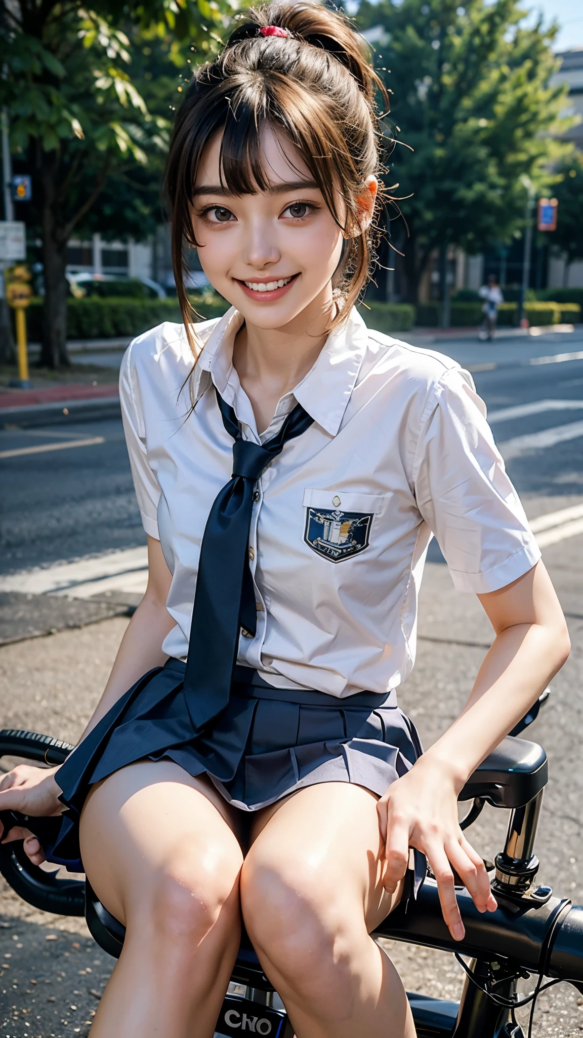highest quality, masterpiece, ultra high resolution, (realistic:1.4), 20-year-old,1 girl,Super high quality,8k,thinウエスト,thin脚,thin and beautiful arms,beautiful fingers,Sare-eye makeup,thin,Medium chest,soft chest,(((High school bicycle storage))),many students and bicycles,high school uniform,Blazer uniform and ribbon miniskirt,Meeting after school,((Ponytail and Hair Tie)),((Bangs short hair)),realistic,picture media chest)),((toothy smile)),((big smile))