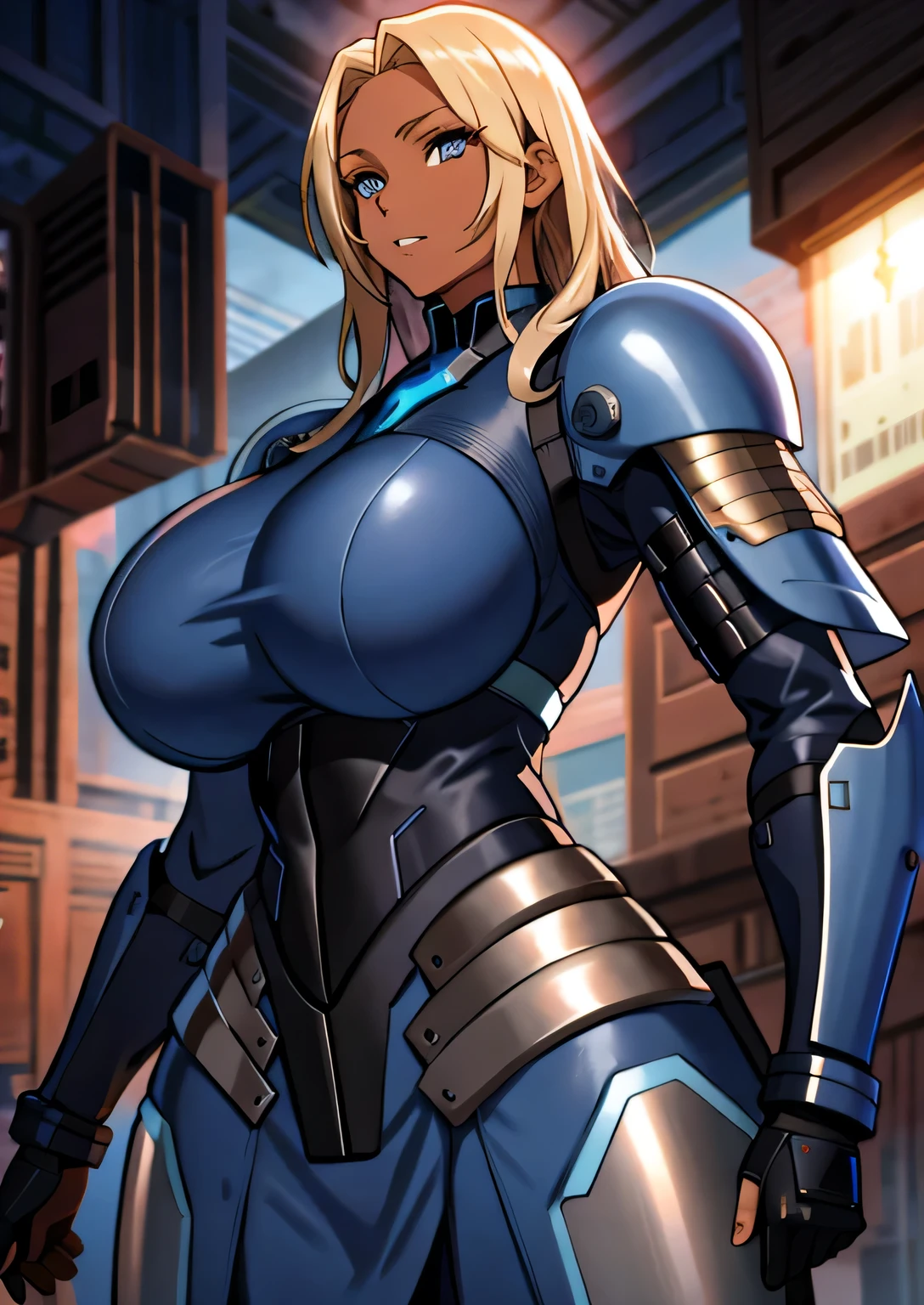 black sci-fi armor, long blonde hair, colored skin, brown skin, blue eyes, gigantic breasts, black pistol, solo, standing, upper body