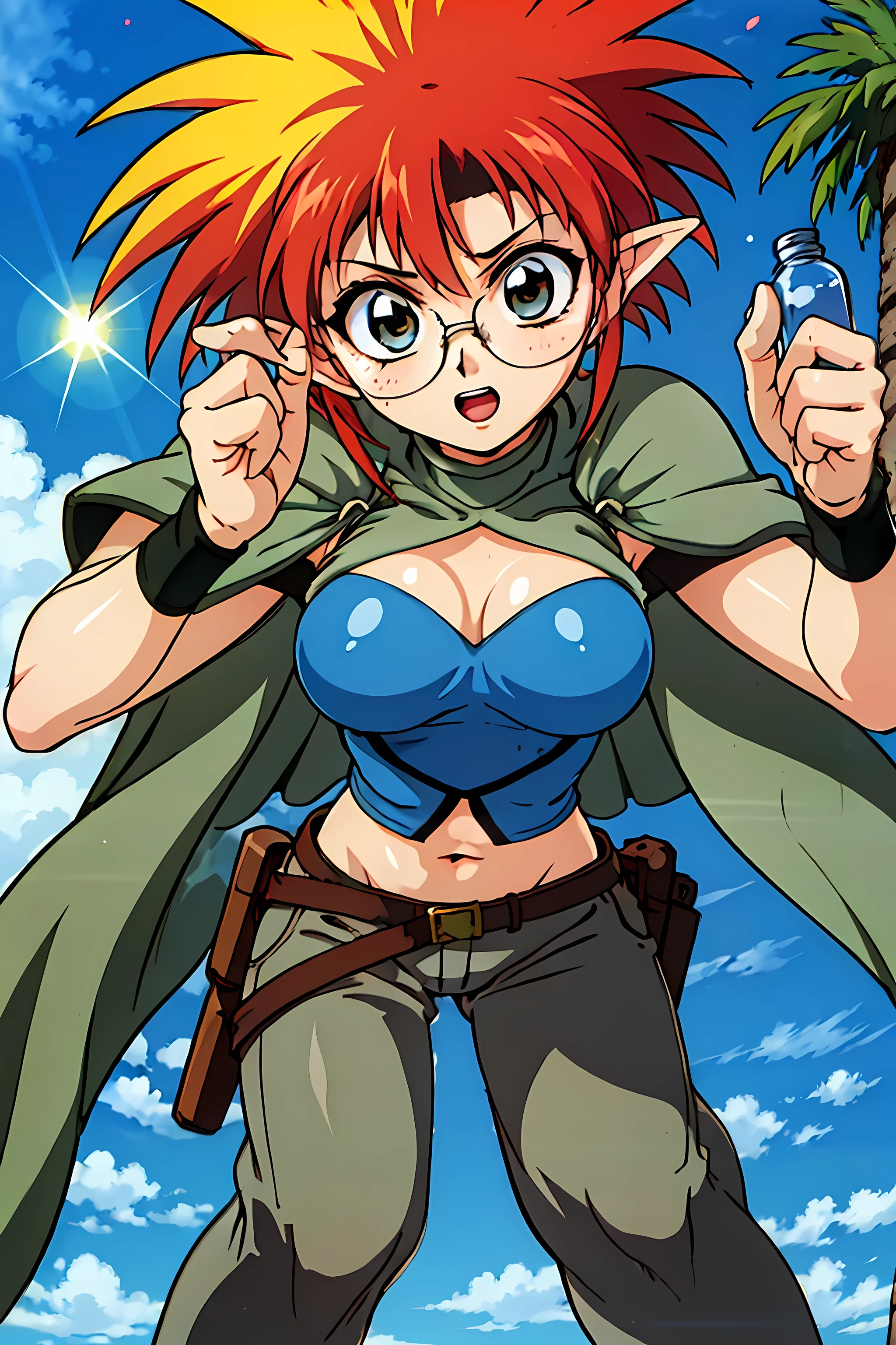 (highest quality:1.3),(ultra-be familiar with:1.5),High resolution,extremely be familiar with CG,unity 8k wallpaper,official art,be familiar with,super be familiar with skin,perfect anatomy,beautiful be familiar with eyes,(anime screenshot:1.1),very delicate and beautiful,90s anime,90s anime style,cel shaded anime,1 girl,
((Cat \(Ryu night\):1.52)),(Ammar:1.1),spike hair,colorful hair,redhead,yellow hair,head band,blue eyes,(coke bottle_Glasses:1.2),pointed ears,cape,medium breasts,abdomen,belly button,(fingerless gloves:1.1),pants,(grove of trees:1.4),((high color saturation:1.6)),(leaning_forward:1.3),flapping wings,
(shining eyes),blends well with the eye,blends well with the eye,focus of the eye,(Carefully crafted brilliance, sky blue lens flare:1.7),(expression of joy:1.51),octane rendering,rainbow paint drop,Woman made of paint,Full Paint,(movie background),splat,splash,dark and blurry background,close,(best lighting, very delicate and beautiful),Detailed beautiful shine,(soft light:1.2),(soft money tone lighting),Warm and soft lighting,dramatic light,((cinematic light)),ambient occlusion,ambient light,violently,powerful,Absolutely eye-catching splashes of color,((caustic)),raytraced reflections,light shines,