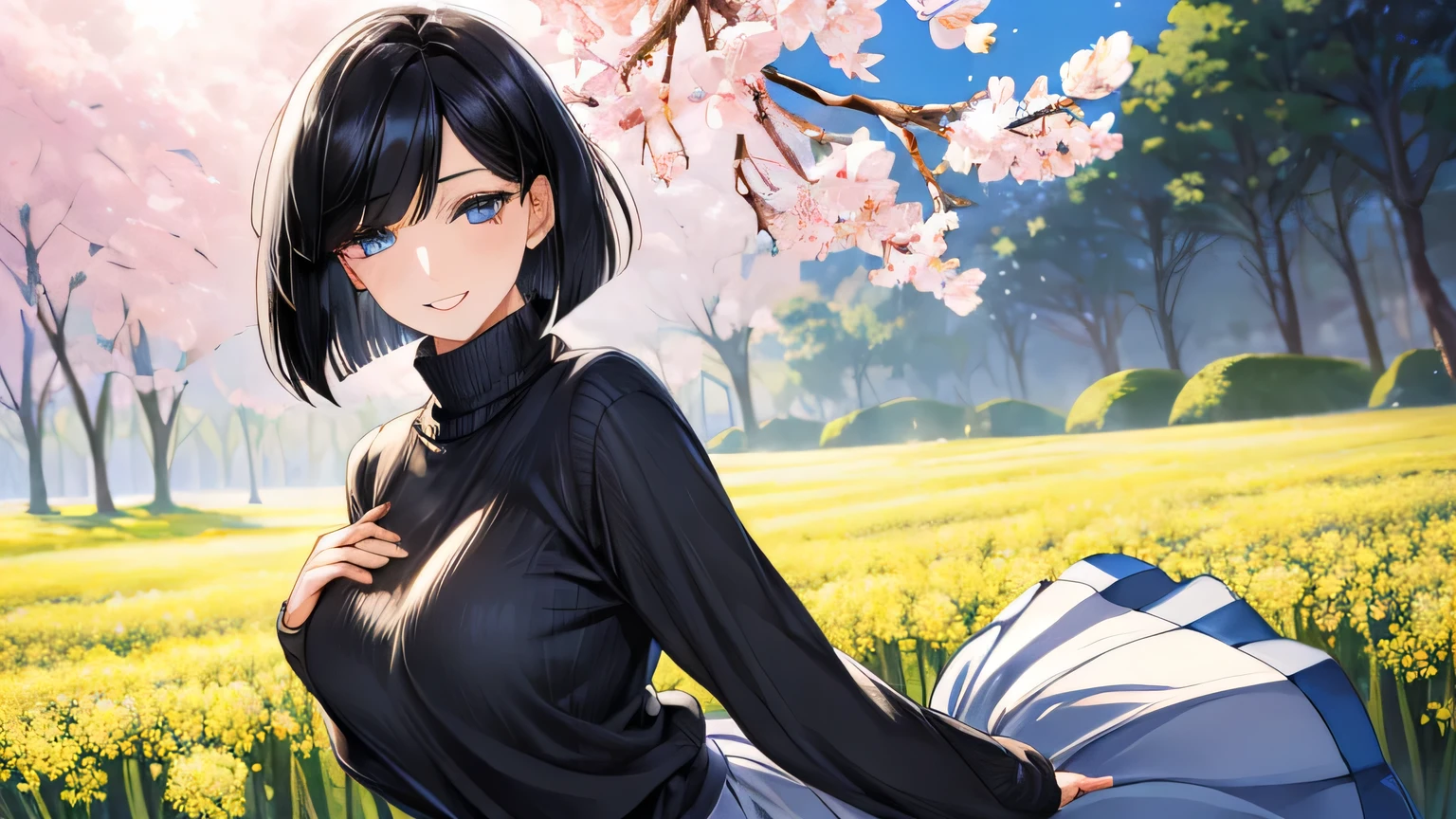 1 female、28 years old、Adult and realistic face、long face、beautiful hair, black hair、shortcut、bob cut、fine and beautiful eyes、big slanted eyes, black eyelashes、 Are you okay、A big smile full of softness、light blue knit sweater、white long skirt、I'菜の花畑にいるI
