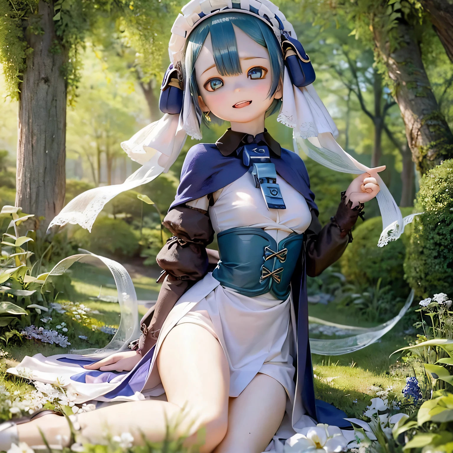 (highest quality, High resolution, masterpiece:1.2),super detailed,realistic:1.37,Maluluk from Made in Abyss,detailed and beautiful eyes,dense and beautiful lips,highly detailed eyes and face,long eyelashes,blue hair,curly hair,innocent look,smiled a little,white dress,Vibrant flowers in a lush garden々Standing in the,Butterflies are flying around,Soft sunlight illuminates her,emerald green grass,petals scattered on the ground,The endless blue sky in the background,A breeze rustling through her hair.dance