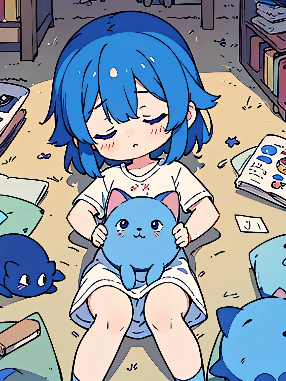 a blue hair、Curious big-eyed three-year-old boy sleeps with dream cat, Mom says good night softly, Quiet bedroom,