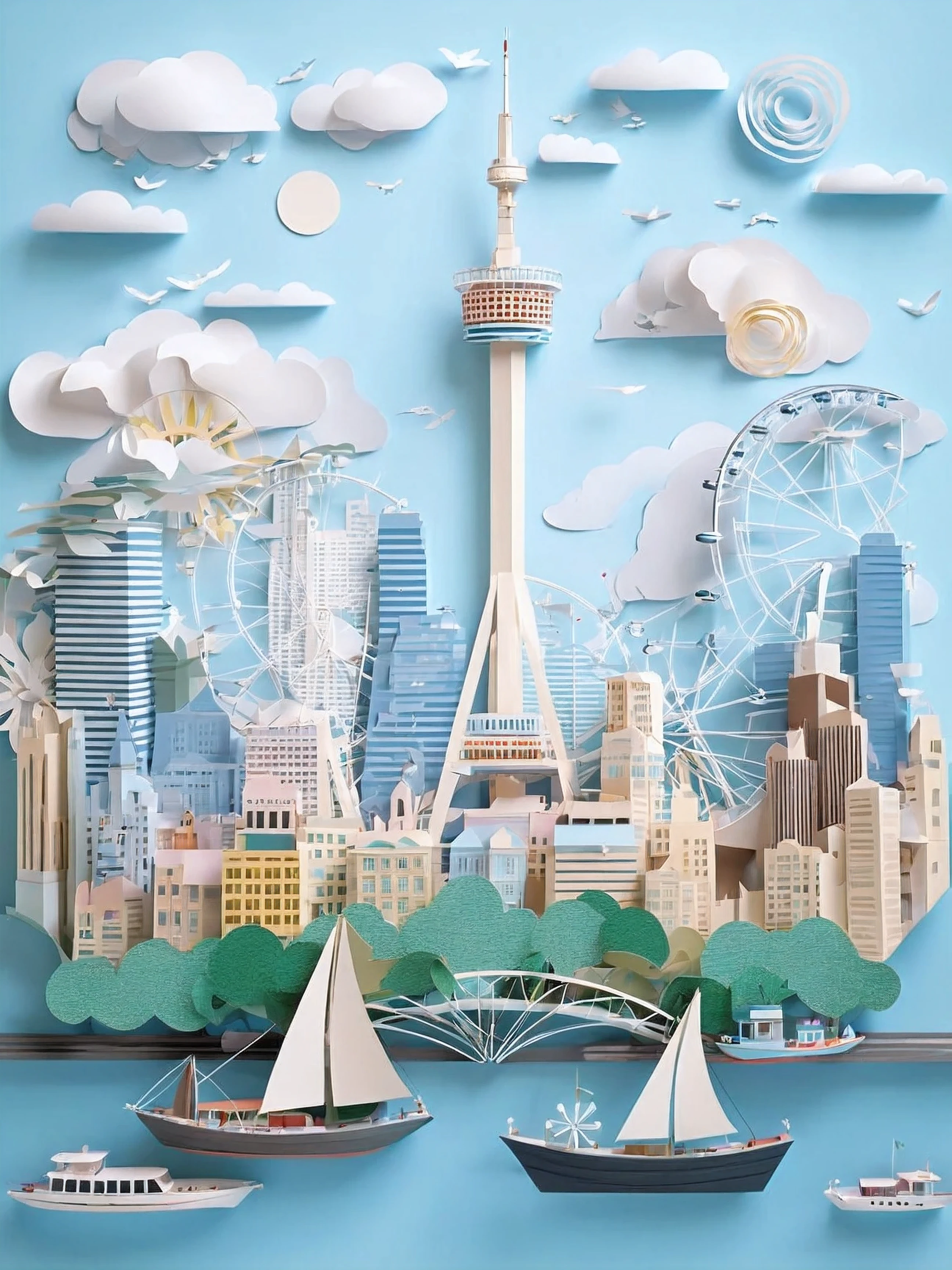 Araf paper cutout city with boats and ferris wheel, High quality architectural art, Detailed digital 3D art, Complex 3D illustration, Behance 3D Art Trends, Behance 3D Art Trends, 3 d digital art, 3 d digital art, Very detailed illustrations, Highly detailed 3D art, extremely high quality art