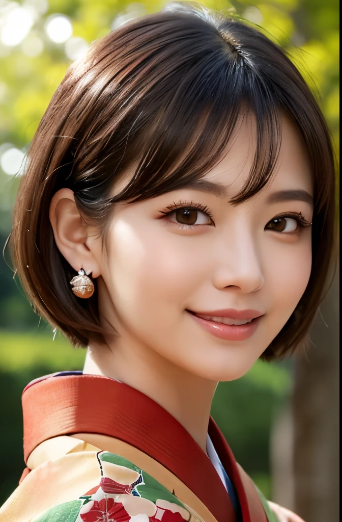 ((masterpiece)), ((highest quality)), (super detailed), ((beautiful)), cute, (Lovely), ((very detailed)), 4k, (8k), highest quality, (beautiful), figure, face zoom,front、looking at the camera、Japanese temple, green grassland, evening, autumn, beautifulな女性, Japanese, alone, (red color kimono:1.3), beautiful red hair, beautiful brown eyes, ((beautiful eyes)), (light brown skin), (short hair:1.2), hair ornaments, earrings, light smile, Lens flare, shiny