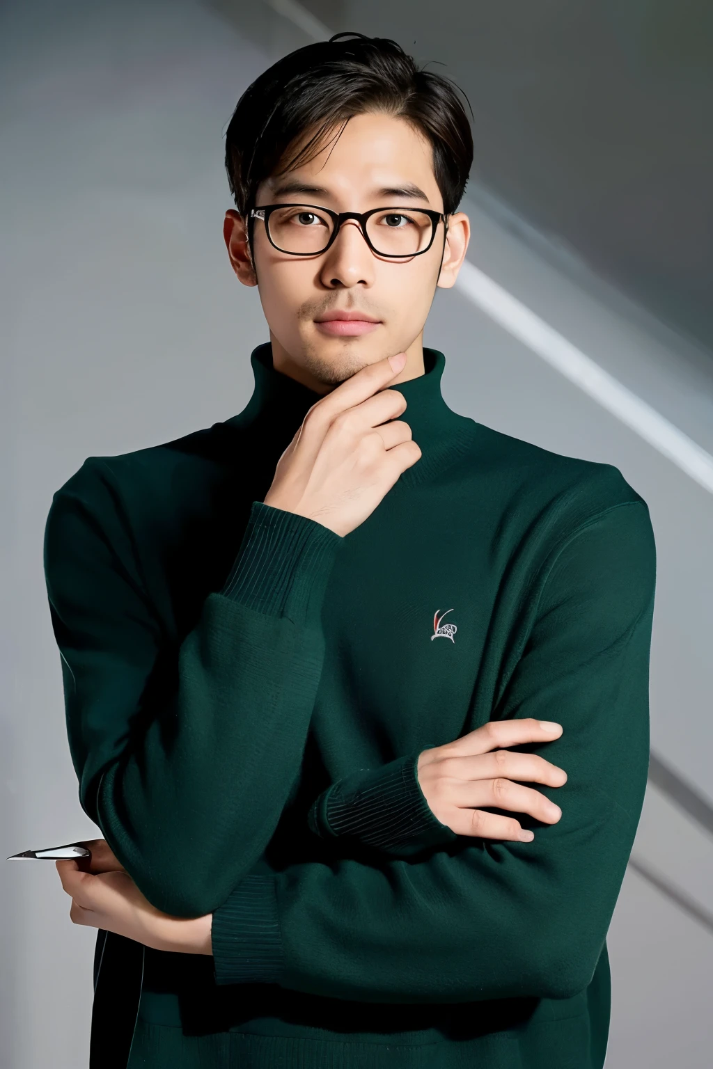 A man wearing glasses and a single layer, with a high nose and an inverted triangular beak.
