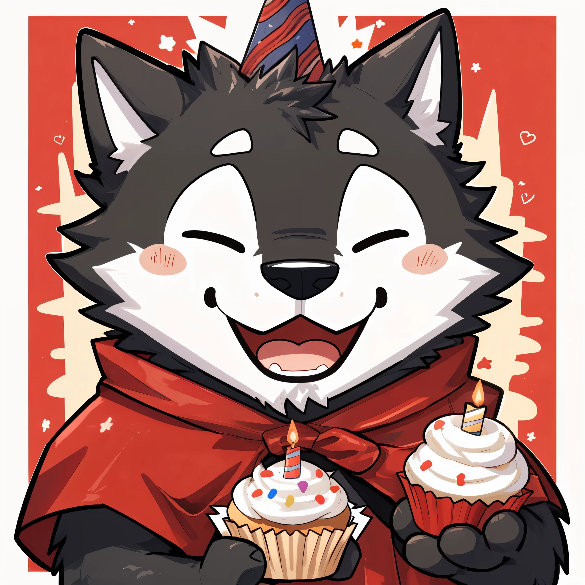 Scribble wolf face, anthro(wolf), simple background, printmaking style, open mouth, comic style, ((cute)), gray-black fur, white beard, white belly, (knight costume, long red cherry cloak), (close up:1.5), (holding yummy cupcake with candle), (birthday hat), (closed eyes blinking:1.5), generous smile, happy, (front view:1.5), (chibi:1.2)