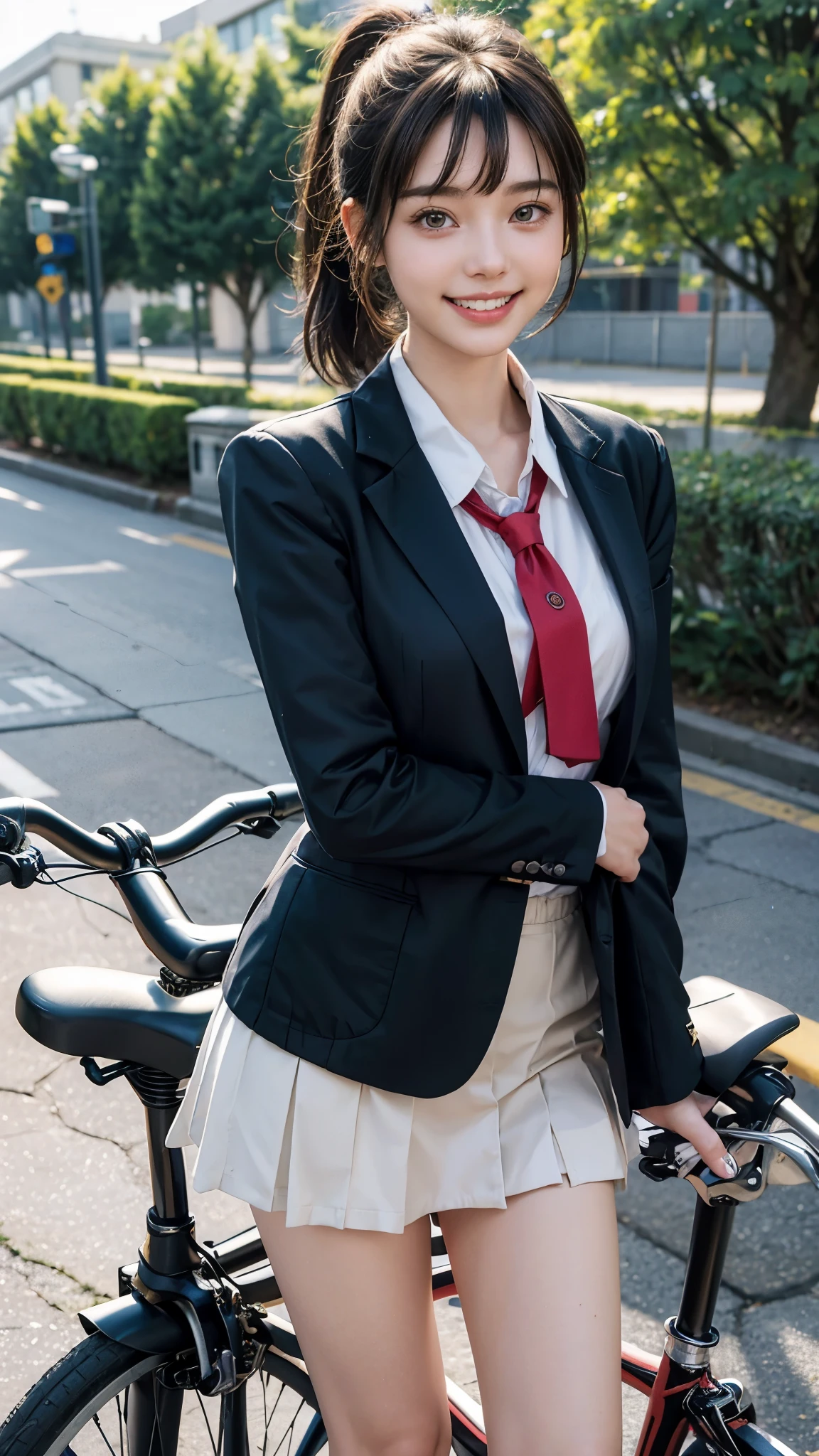 highest quality, masterpiece, ultra high resolution, (realistic:1.4), 20-year-old,1 girl,Super high quality,8k,thinウエスト,thin脚,thin and beautiful arms,beautiful fingers,Sare-eye makeup,thin,Medium chest,soft chest,(((High school bicycle storage))),((Shoulder bag)),many students and bicycles,high school uniform,Blazer uniform and ribbon miniskirt,Meeting after school,((Ponytail and Hair Tie)),((Bangs short hair)),realistic,picture media chest)),((toothy smile)),((big smile))