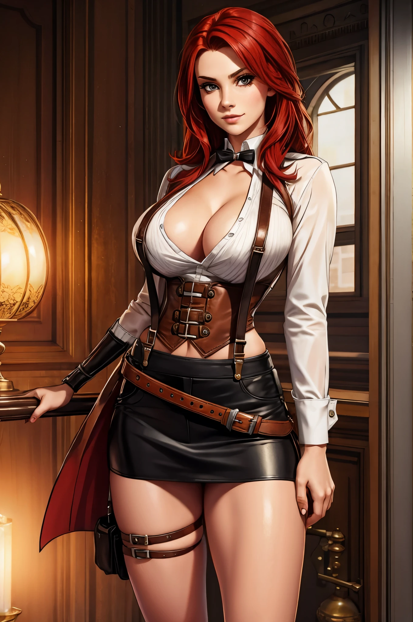 woman wearing suspenders and miniskirt, leather, straps, buckles, steampunk, open leather duster, red hair