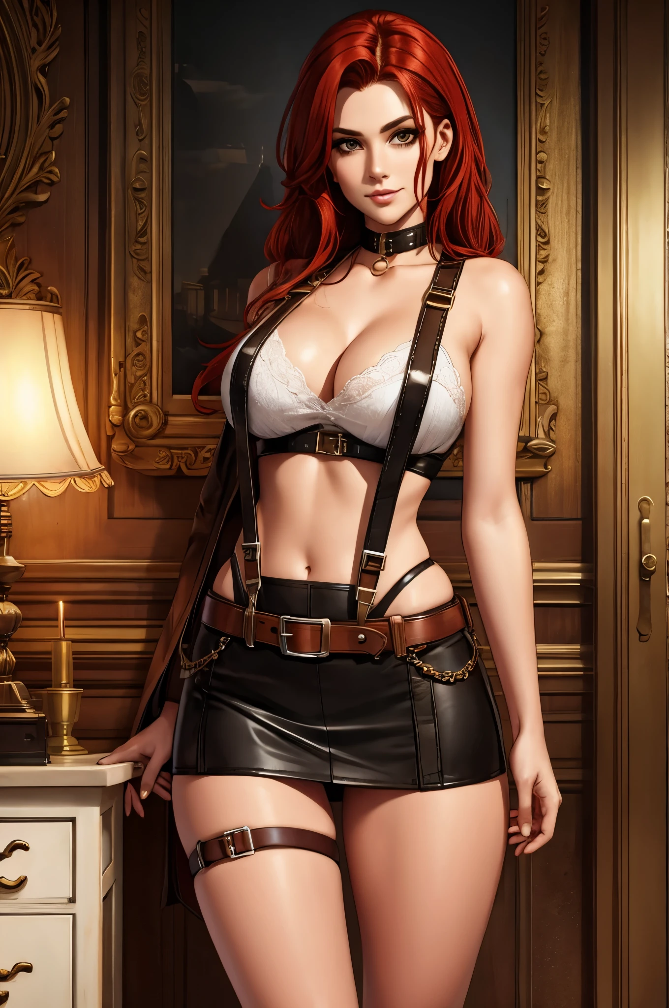 woman wearing suspenders and miniskirt, leather, straps, buckles, steampunk, open leather duster, red hair