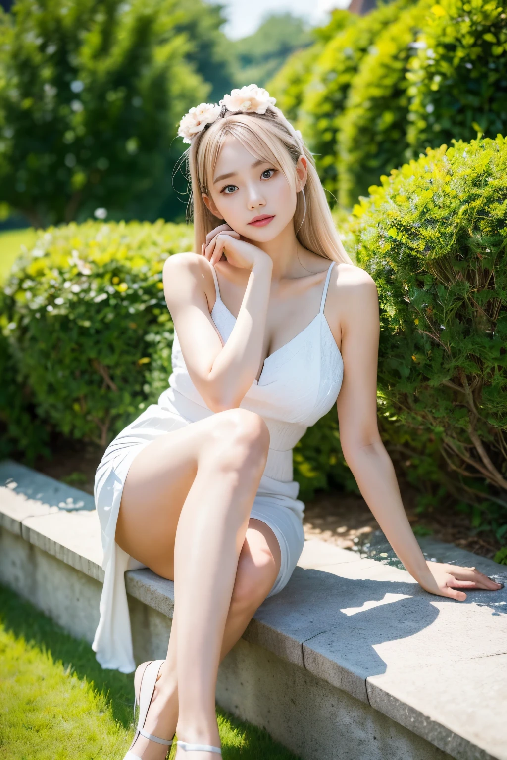 gufeng,bare shoulders, ((full body)), sitting position, Sitting in the garden，best quality， masterpiece， ultra high resolution,（realistically：1.5）， RAW photos， 1 girl, silver hair, long white hair，hair accessories，bshoulder，Cool and cool，Sexy look detailed scene, amazing pose, eye-catching accessories, picturesque