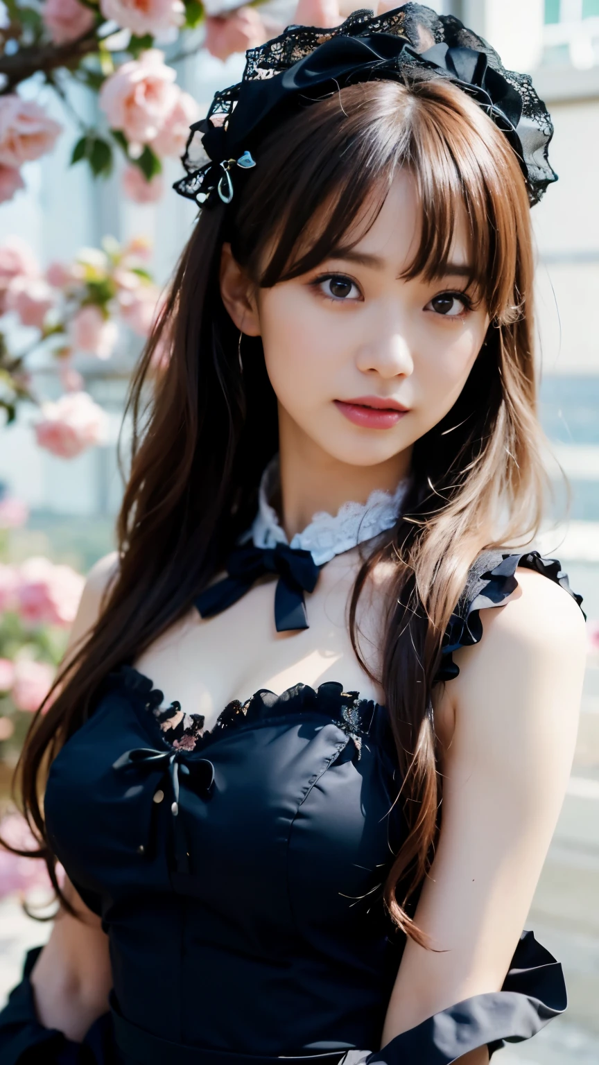 1 Nogizaka Musume、very cute、beautiful girl、19 years old、(gothic fashion)、beautiful face, Exquisite details of eyes and skin、fine black shiny hair、Classy ruffles、frilled tie、ribbon tie、rose hair accessories、(smile at the camera)、(cowboy shot)、(sea of europe)、professional lighting、break、(realistic、Photoreal:1.37)、8K、(masterpiece)、(highest quality:1.4)、(Super high resolution:1.2)、 (Raw photo:1.2)、(delicate lace、soft fabric、beautiful rose pattern dress)、perfect anatomy、4 fingers and 1 thumb、seaside background、(Wallpaper by Unity 8K)