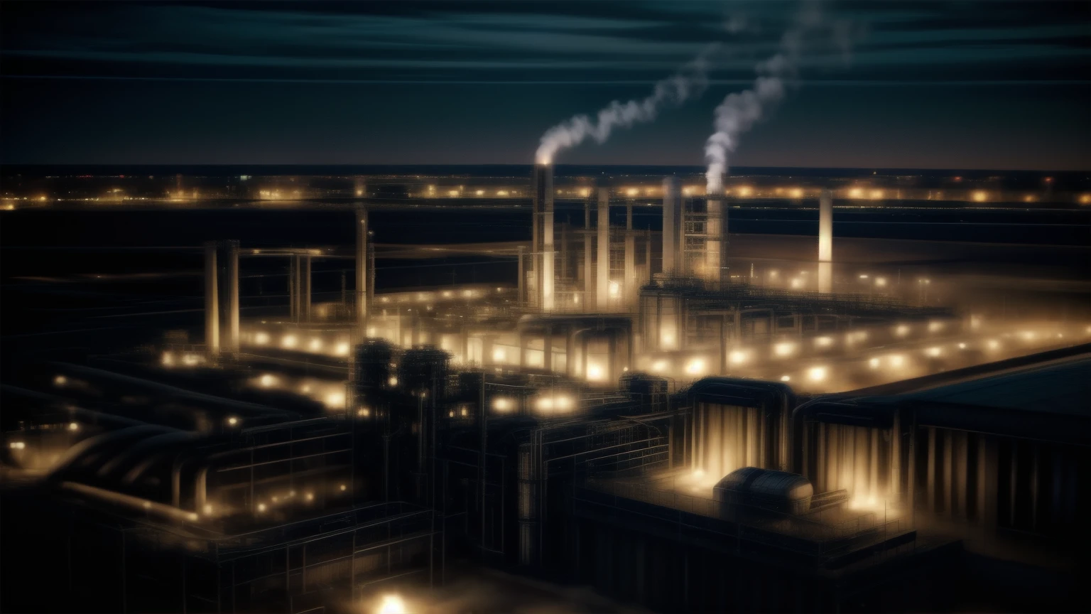 Aerial photo of a huge chemical factory at night, masterpiece, high quality, ultra detail, detailed factory,