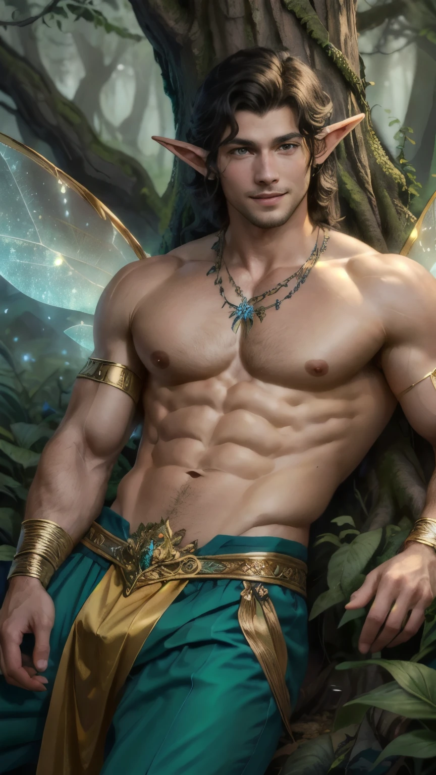 ((best quality)), ((masterpiece)), (detailed), perfect face,Male Body,Perfect Body,Body,Sixpack,perfect Abs,Whole Body,Male face,Whole Body,King,Golden outfits,black hair,shirtless,handsome,arms muscle,Using power,green eyes,powerful man, Golden loincloth,Look straight,Royal outfits,Fairy male,Fairy wings,King Fairy,Fairy in the woods,Colorful wing,colorful outfits,royal pants,lips,flying,magic woods,sparkling tree,Elf ears,Smile,kindness,magic mushroom,lie down on the tree