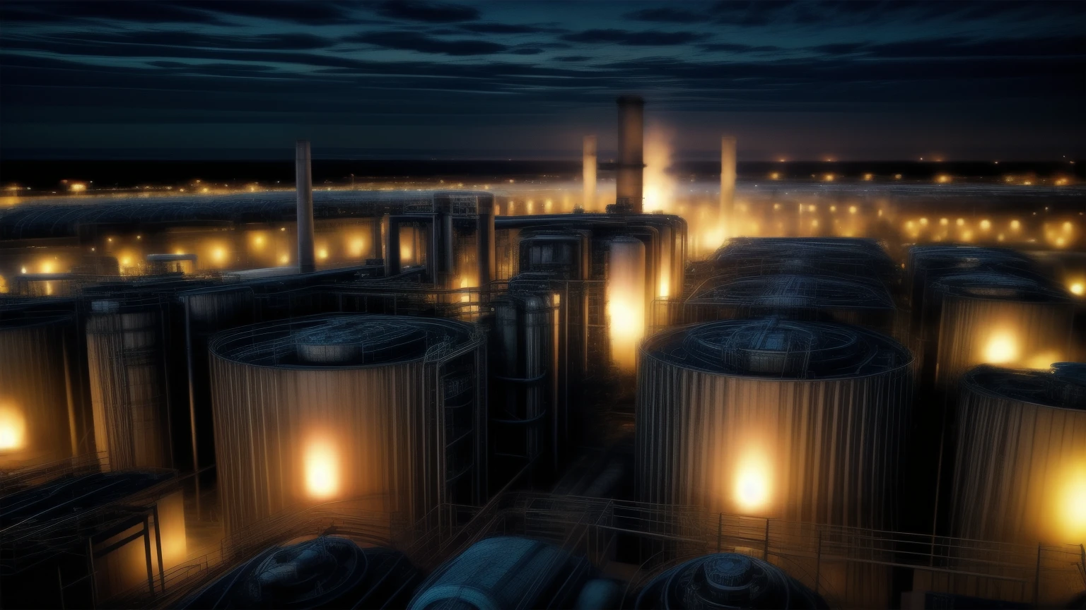 Aerial photo of a huge chemical factory at night, masterpiece, high quality, ultra detail, detailed factory,