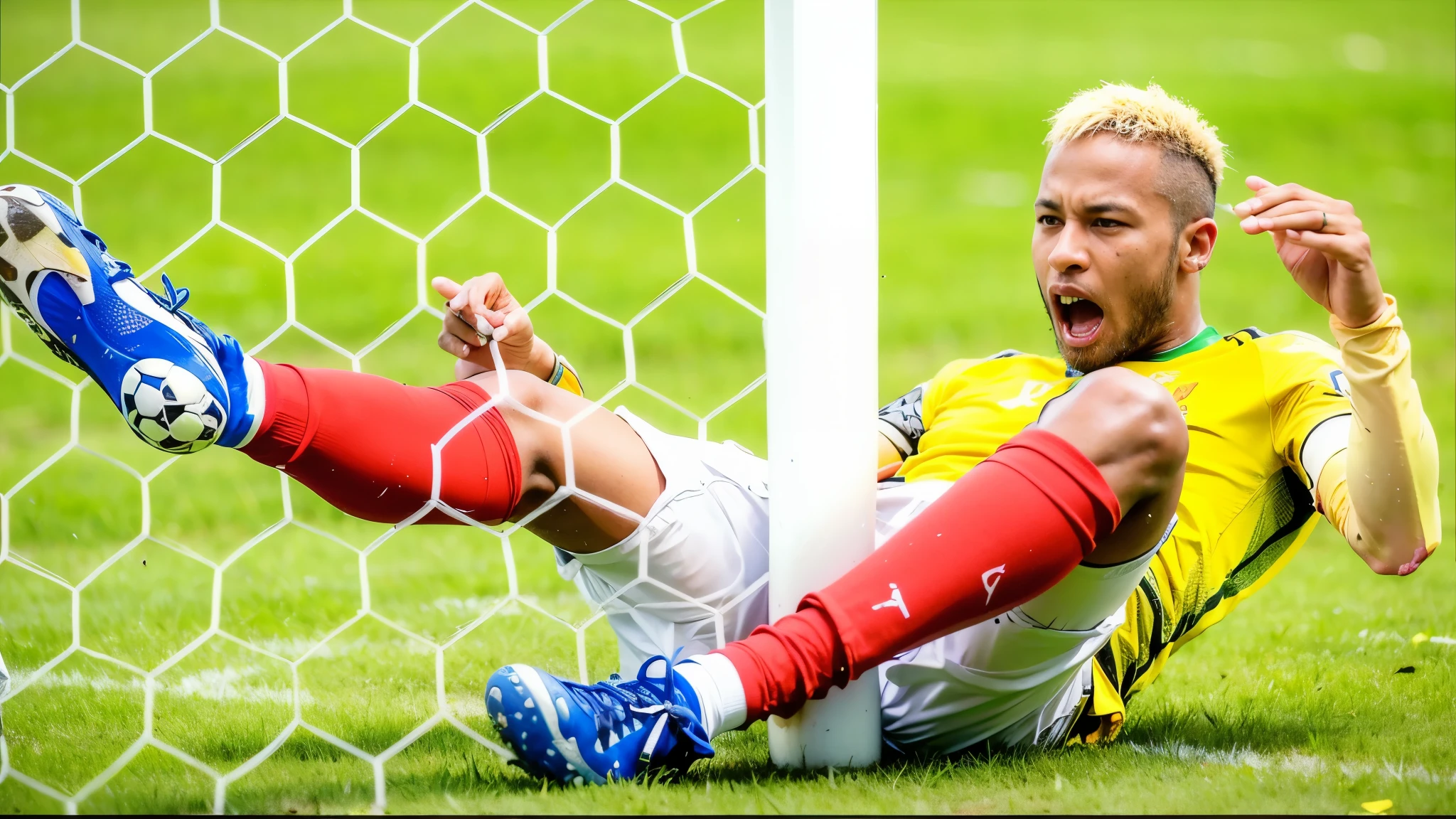 soccer player laying on the ground with his feet in the air, neymar wearing long yellow jersey soccer uniformn in, fortnite, neymar jr, neymar shouting in pain, desperate pose, at the world cup, youtube thumbnail, is this loss?, very sad, , the best ever, inspired by Jules Tavernier, neymar wearing his yellow soccer uniform, same design, 16k resolution, with expression, realistic image, hyper realistic image,
