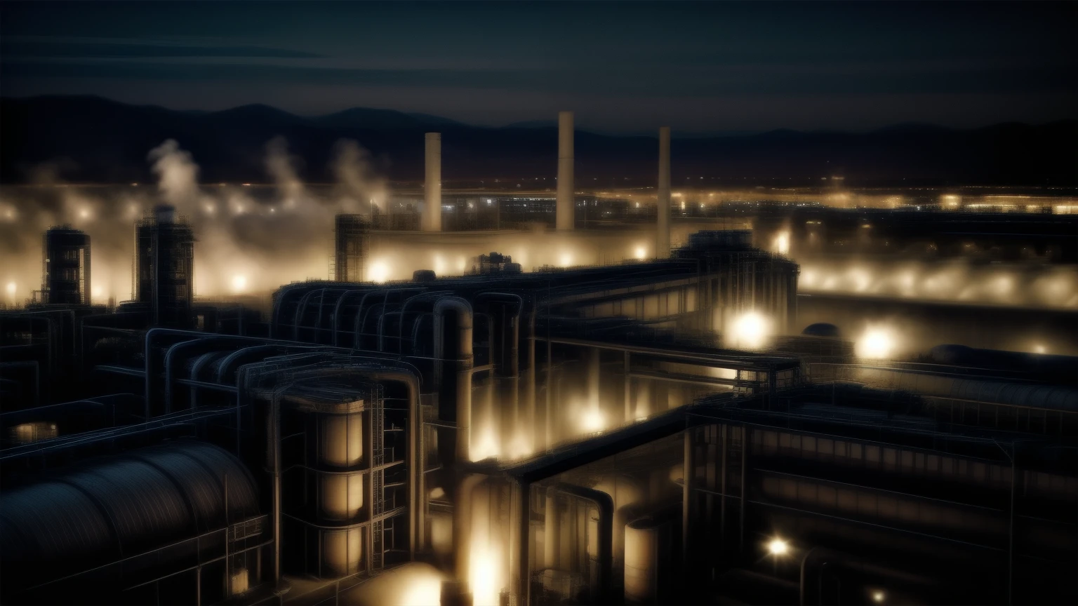 Aerial photo of a huge chemical factory at night, masterpiece, high quality, ultra detail, detailed factory,