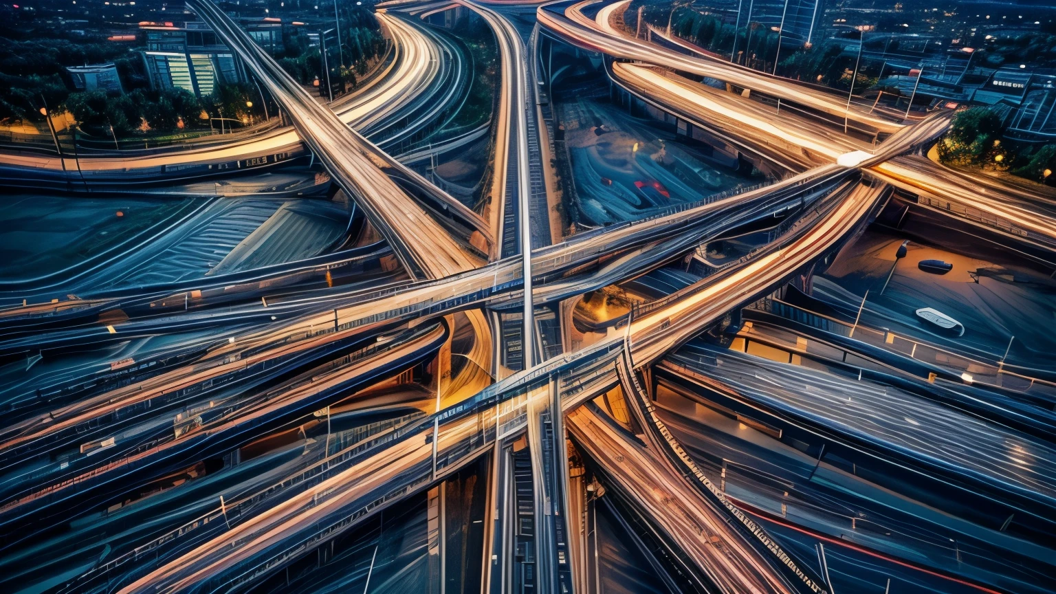 Aerial view of a complex highway junction at night