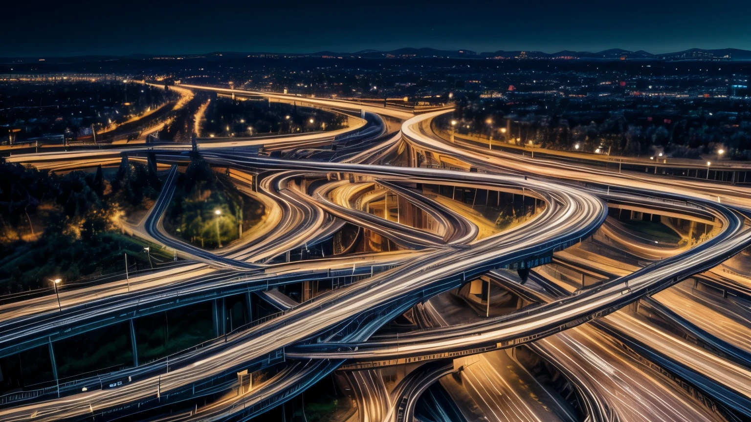 Aerial view of a complex highway junction at night