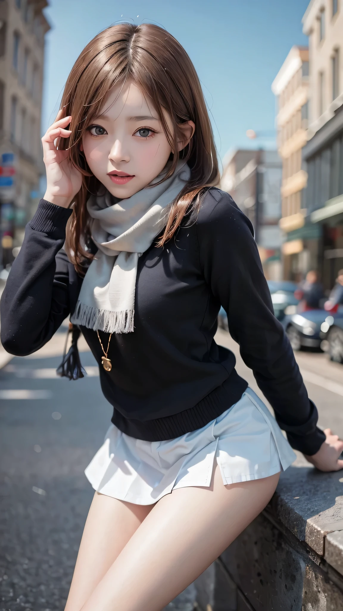 (close:1.4)、 (RAW photo:1.2)、(realistic:1.4)、(masterpiece:1.3)、(highest quality:1.4)、dream-like、(fine eyes)、(detailed facial features)、(Detailed features of garments)、skin tightening、(shiny skin)、(slender girl)、(slim girl)、one girl、(whole body)、alone、cute、Smile、(huge breasts)、bangs、short bob、black hair、black eye、long scarf、long coat、White wool sweater、mini skirt、black thick pantyhose、snow boots、snow boots、(leaning forward:1.2)、sexy legs、