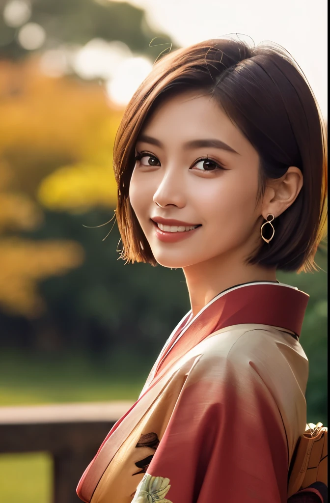 ((masterpiece)), ((highest quality)), (super detailed), ((cute)), cute, (Lovely), ((very detailed)), 4k, (8k), highest quality, (beautiful), figure, face zoom,front、looking at the camera、Japanese temple, green grassland, evening, autumn, Beautiful woman, Japanese, alone, (red color kimono:1.3), beautiful red hair, beautiful brown eyes, ((beautiful eyes)), (light brown skin), (short hair:1.2), hair ornaments, earrings, light smile, Lens flare, shiny